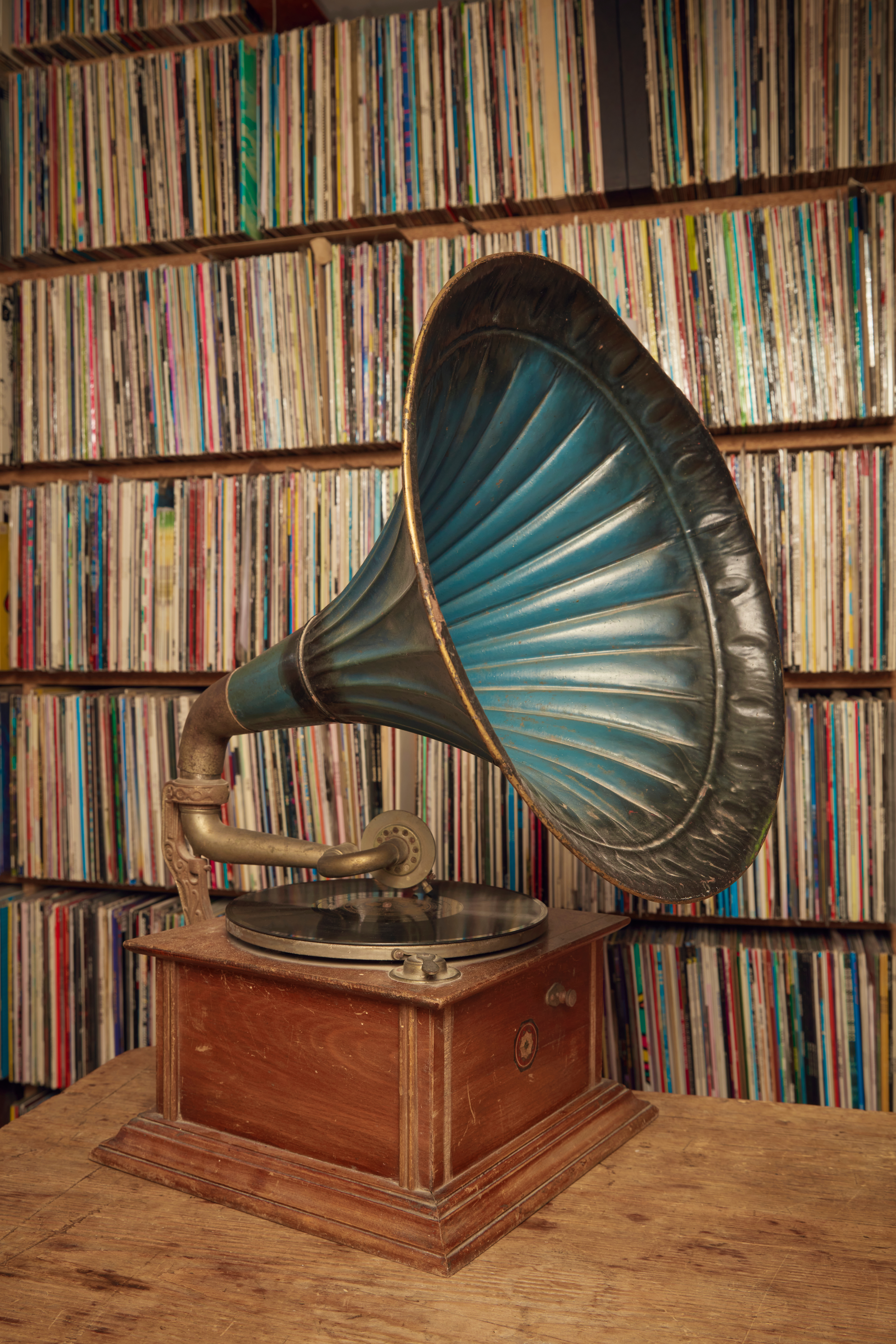 John Peel’s horn gramophone., which has a blue interior and brass exterior