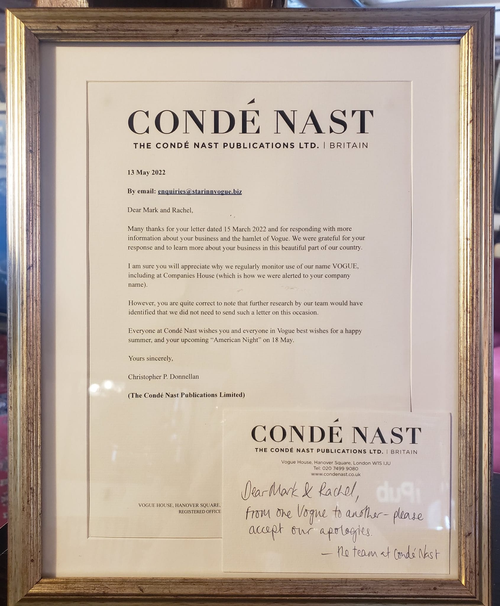 A framed letter from Vogue publishers Conde Nast