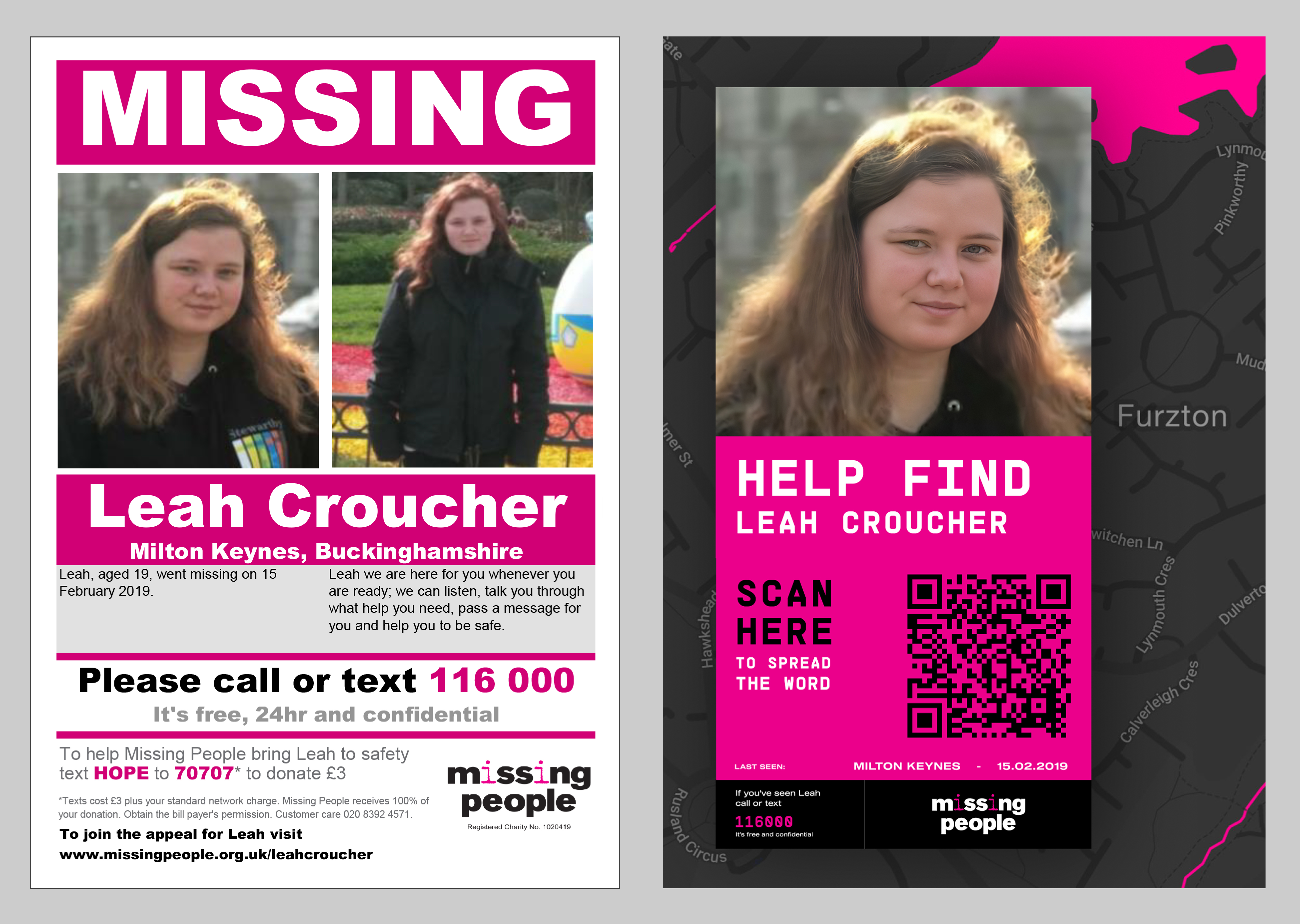 Before and after Leah Croucher missing posters