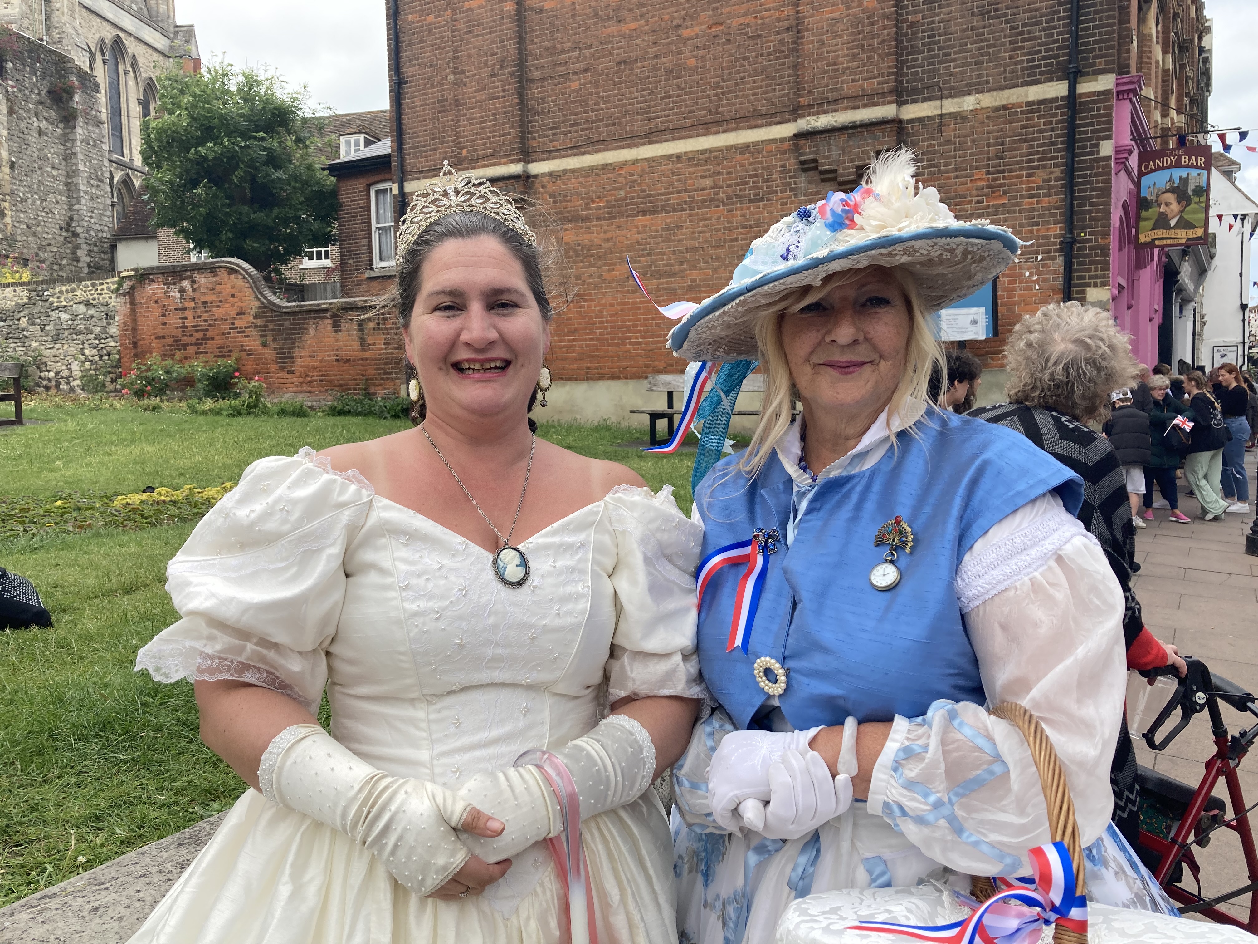 Rebecca Chorley and Sue Smyth in Dickens period dress at the Rochester Dickens Festival marking the Platinum Jubilee on June 4, 2022