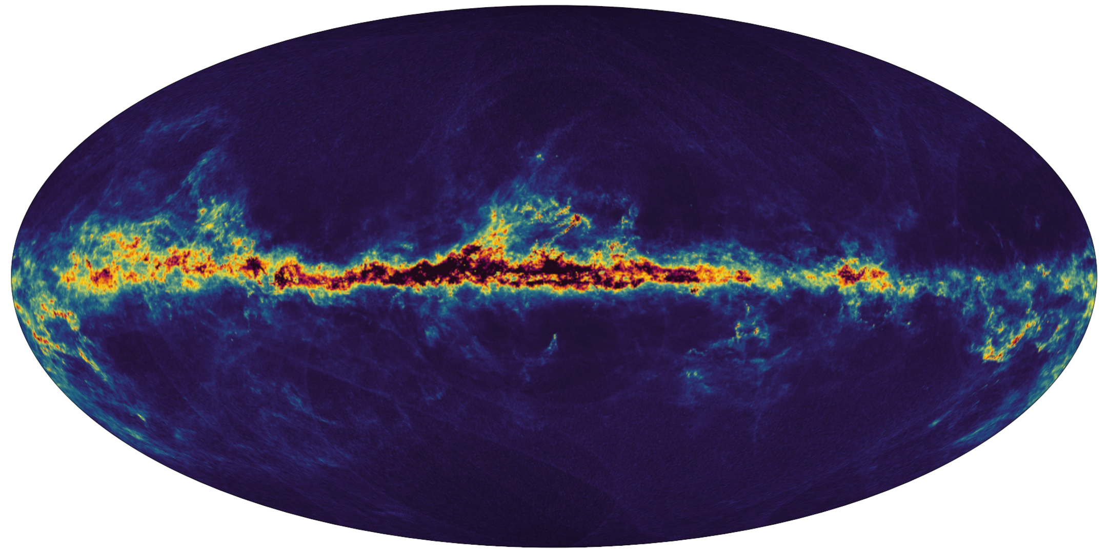 The interstellar dust that fills the Milky Way. The dark regions in the centre of the Galactic plane in black are the regions with a lot of interstellar dust fading to the yellow as the amount of dust decreases. The dark blue regions above and below the Galactic plane are regions where there is little dust