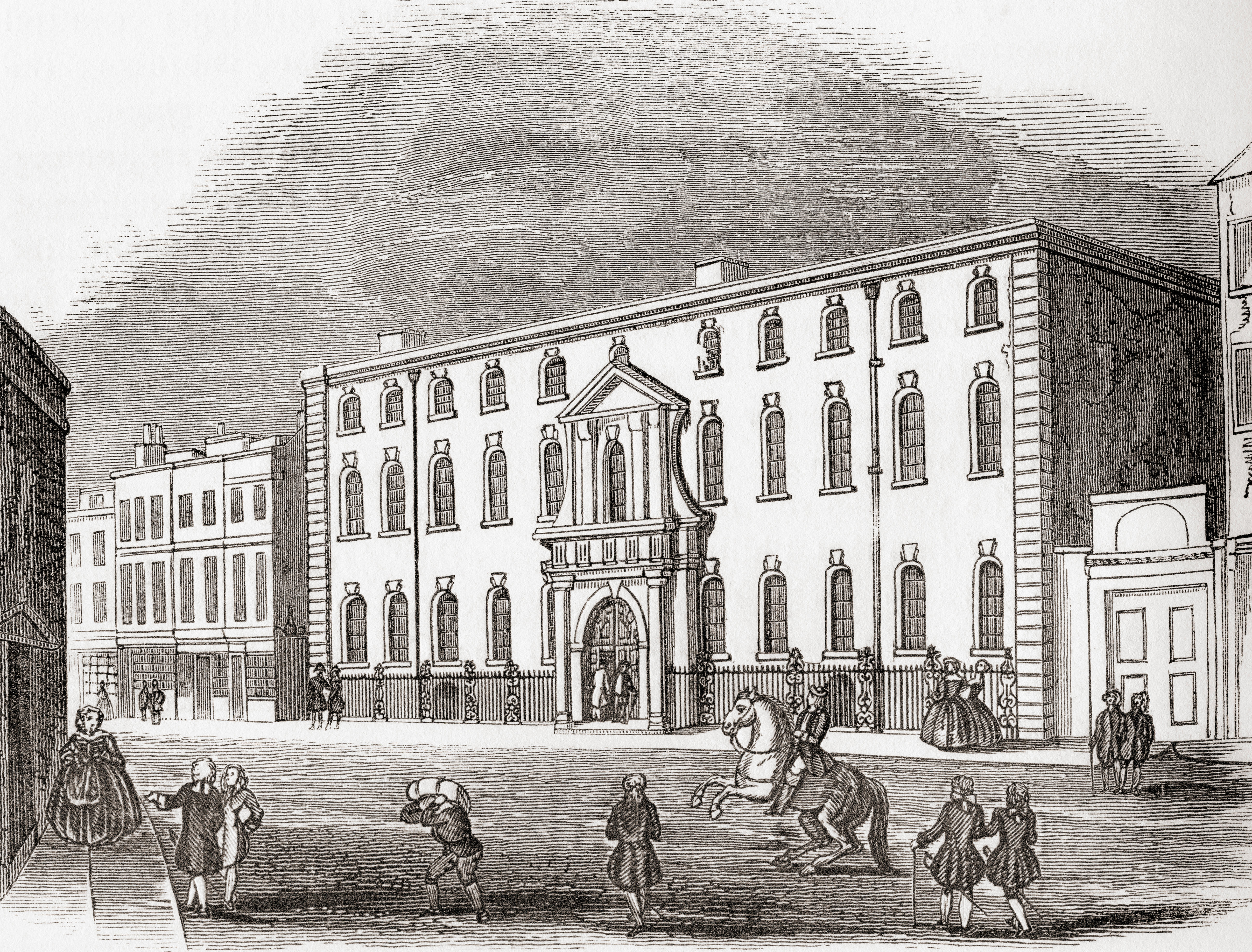 The Old South Sea House, on the corner of Bishopsgate Street and Threadneedle Street, City of London, England. Seen here in 1754 the building was the headquarters of the South Sea Company and was burned down in 1826