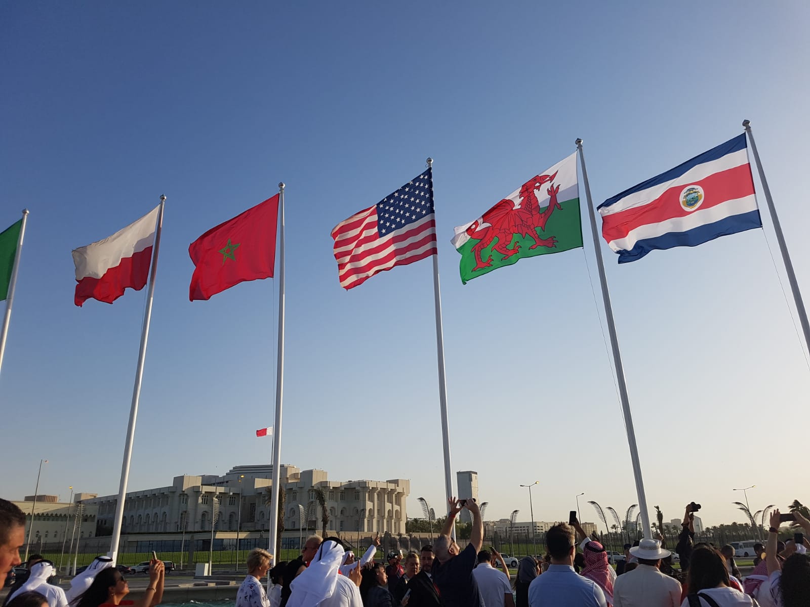 The Welsh flag beside the flags of the USA and Costa Rica. (FCDO/PA)