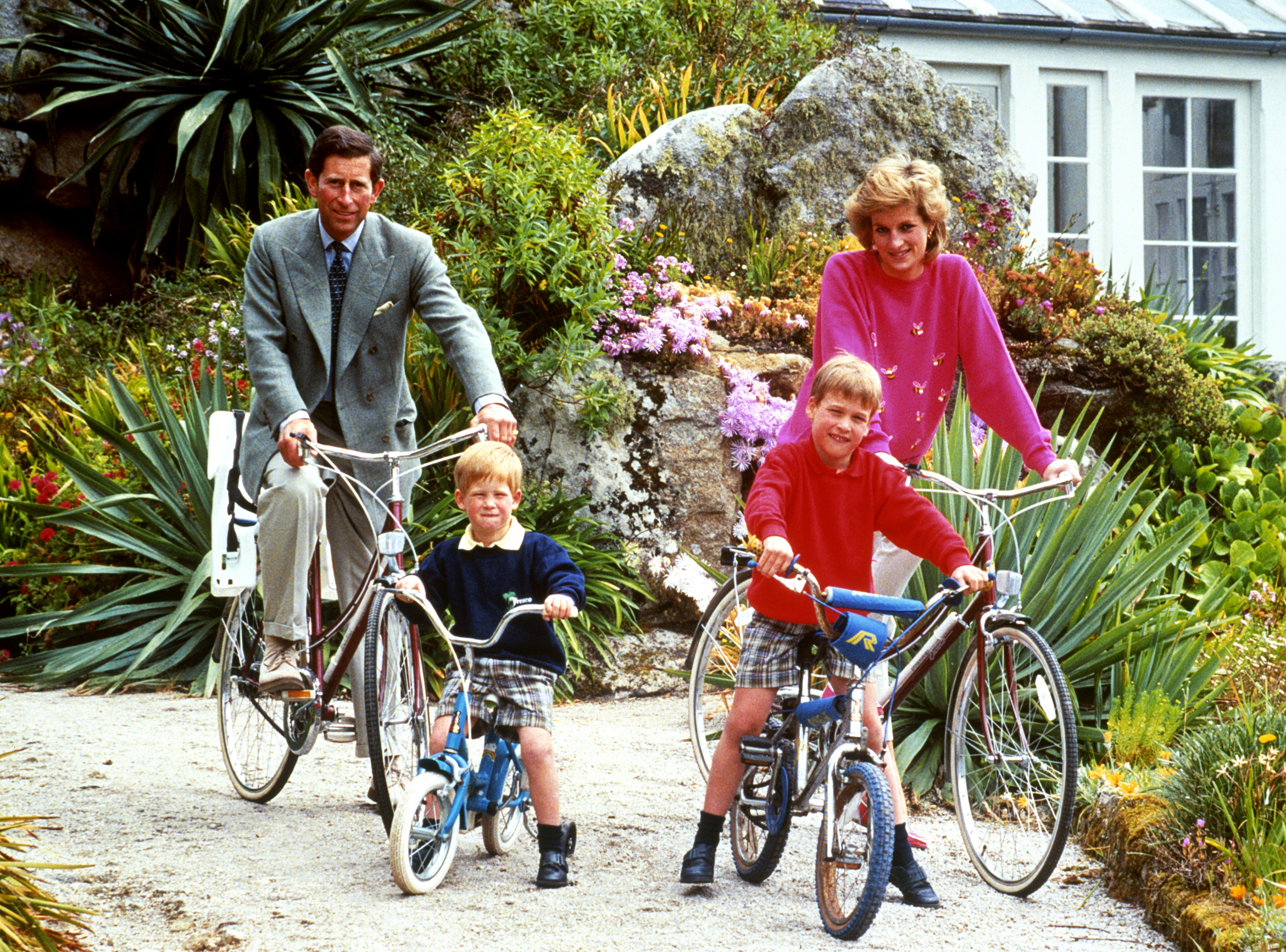 The Waleses prepare for a cycling trip in Tresco during their holiday in the Scilly Isles in 1989