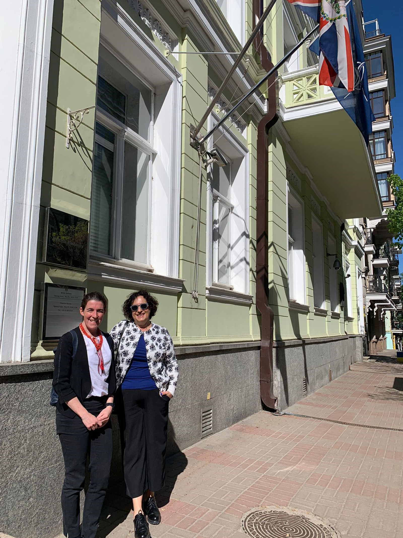 Welsh diplomat Kate Davenport (left) with the British Ambassador to Ukraine Melinda Simmons outside the British Embassy in Kyiv (Foreign, Commonwealth and Development Office/PA)