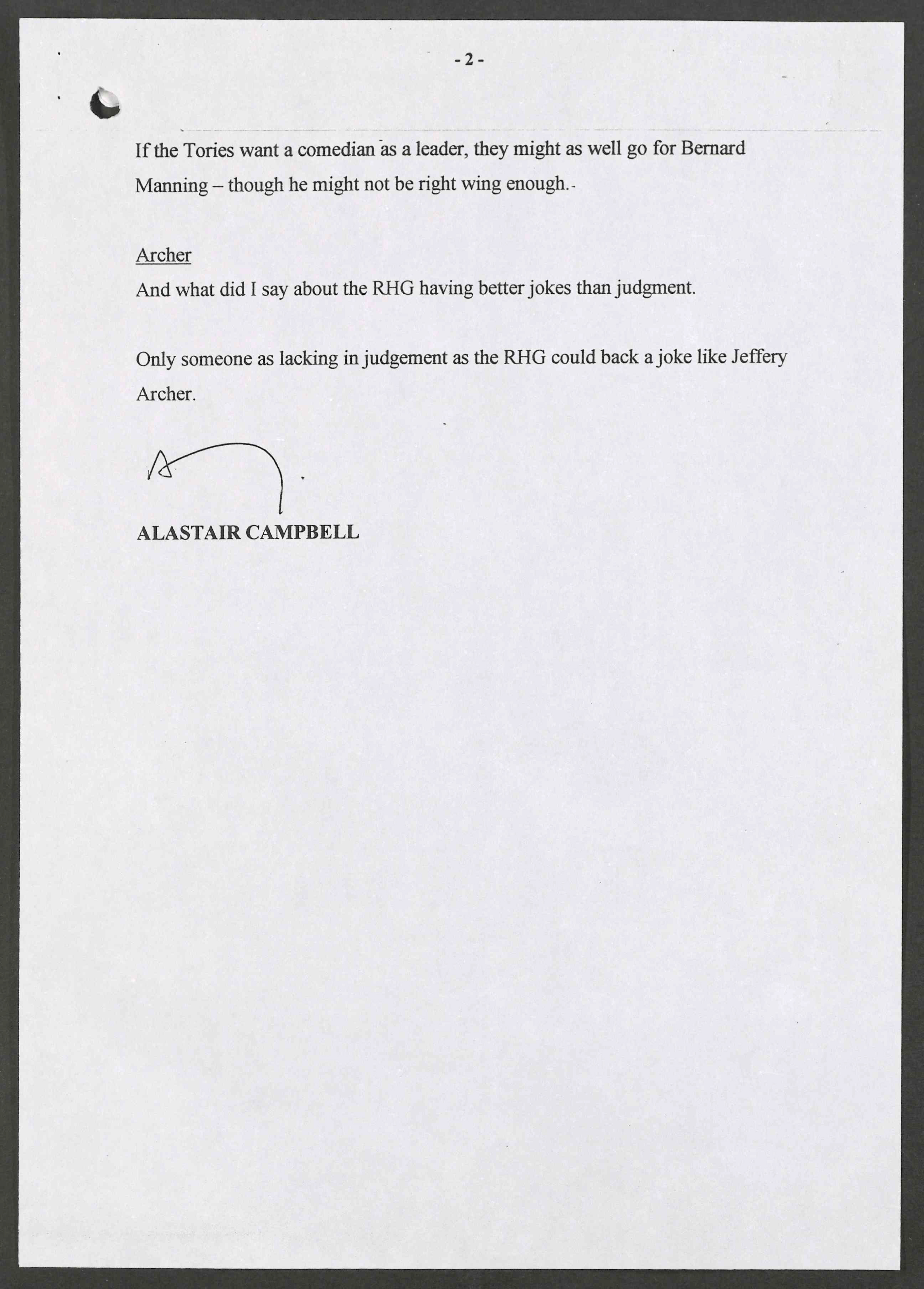 A note from spin doctor Alastair Campbell with some possible put-downs Tony Blair might use at Prime Minister’s Questions (National Archives/PA)