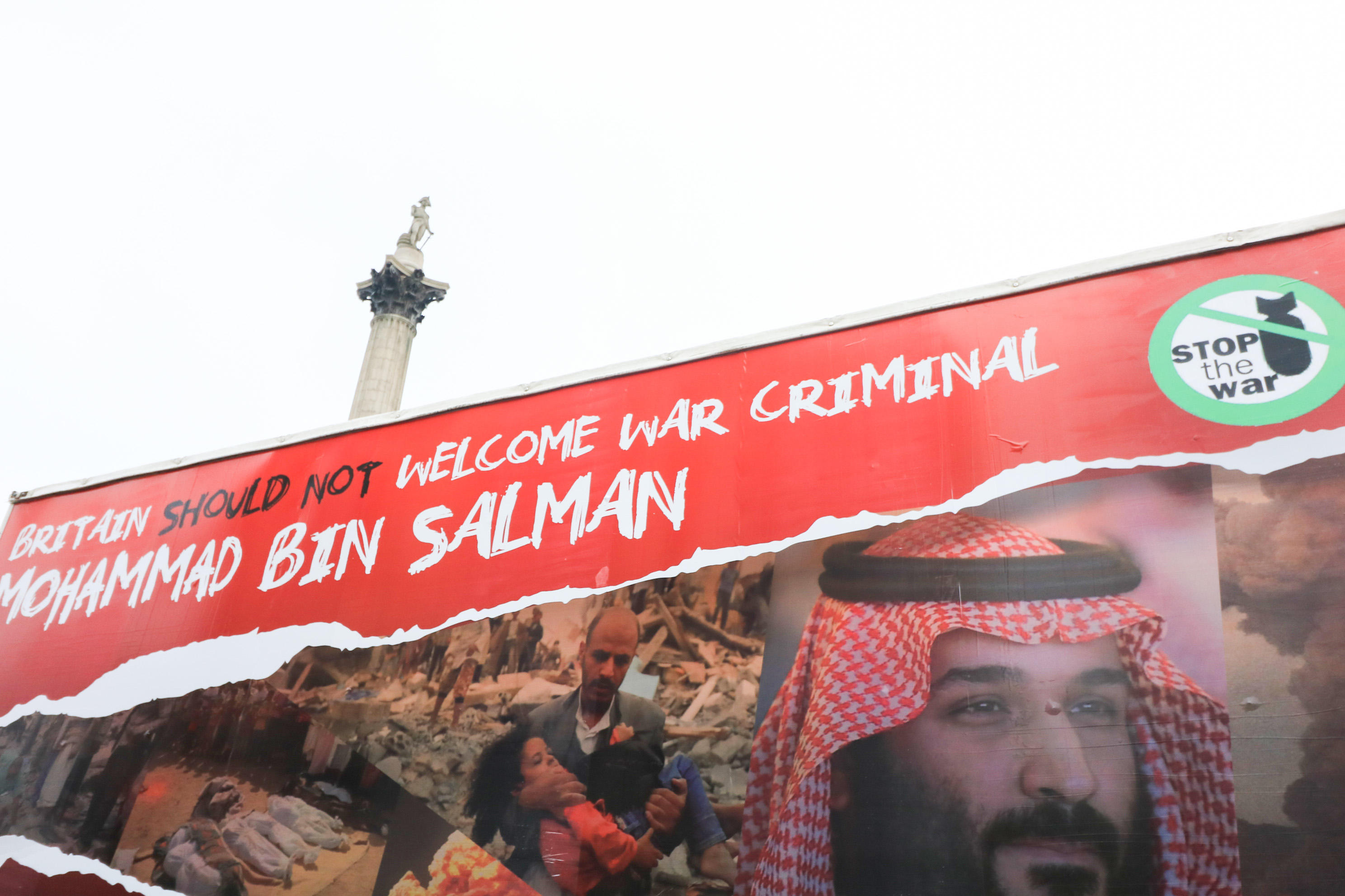 An advertising van sponsored by Stop the War and the Arab Organidation for Human Rights in the UK against the visit to Britain of Crown Prince Mohammad Bin Salman Al Saud, heir apparent to the Saudi throne, due to the human rights violations cited by Amnesty International against Saudi Arabia in its intervention in the civil war in Yemen in 2018