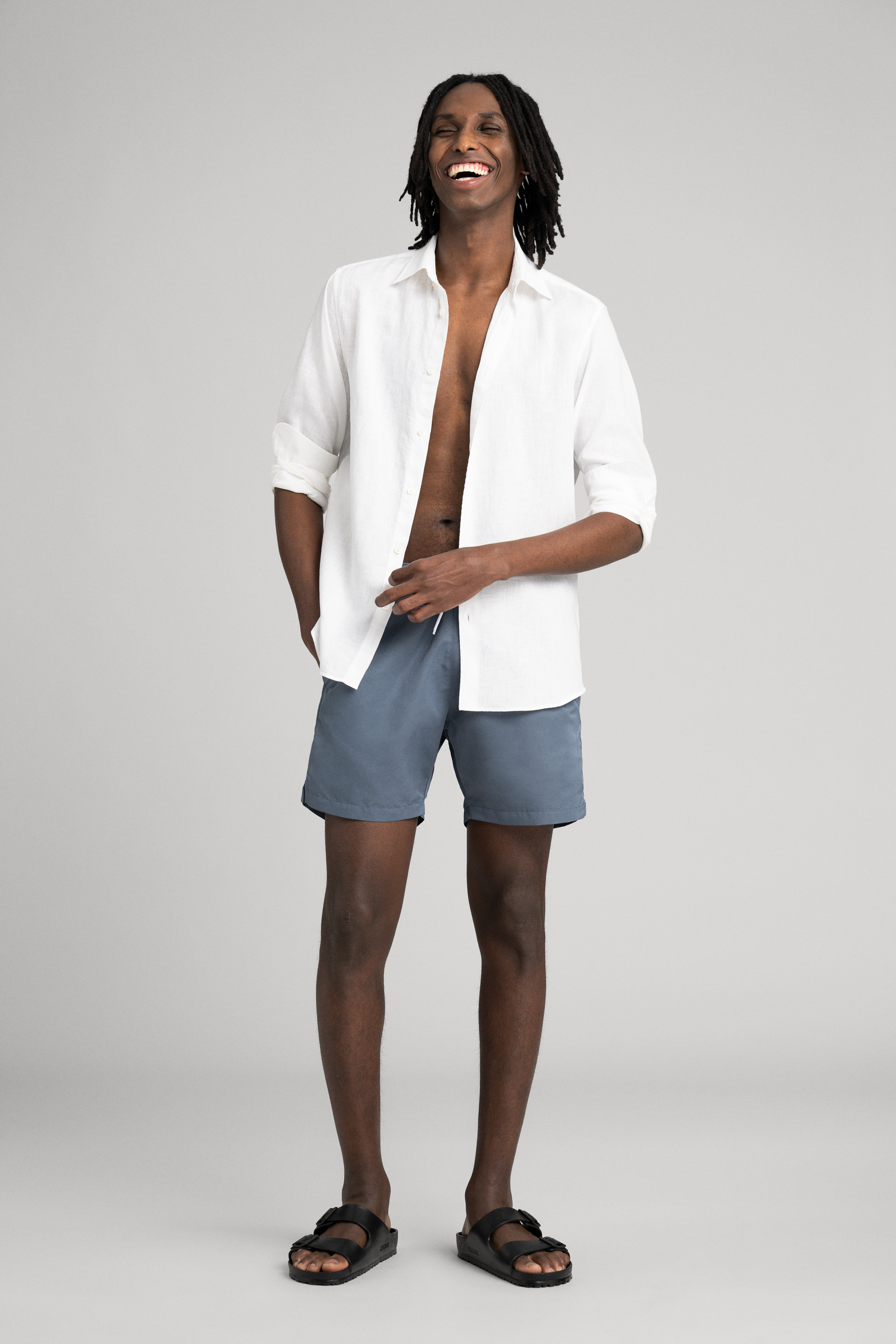 Asket The Linen Shirt; The Swim Shorts Cold Blue