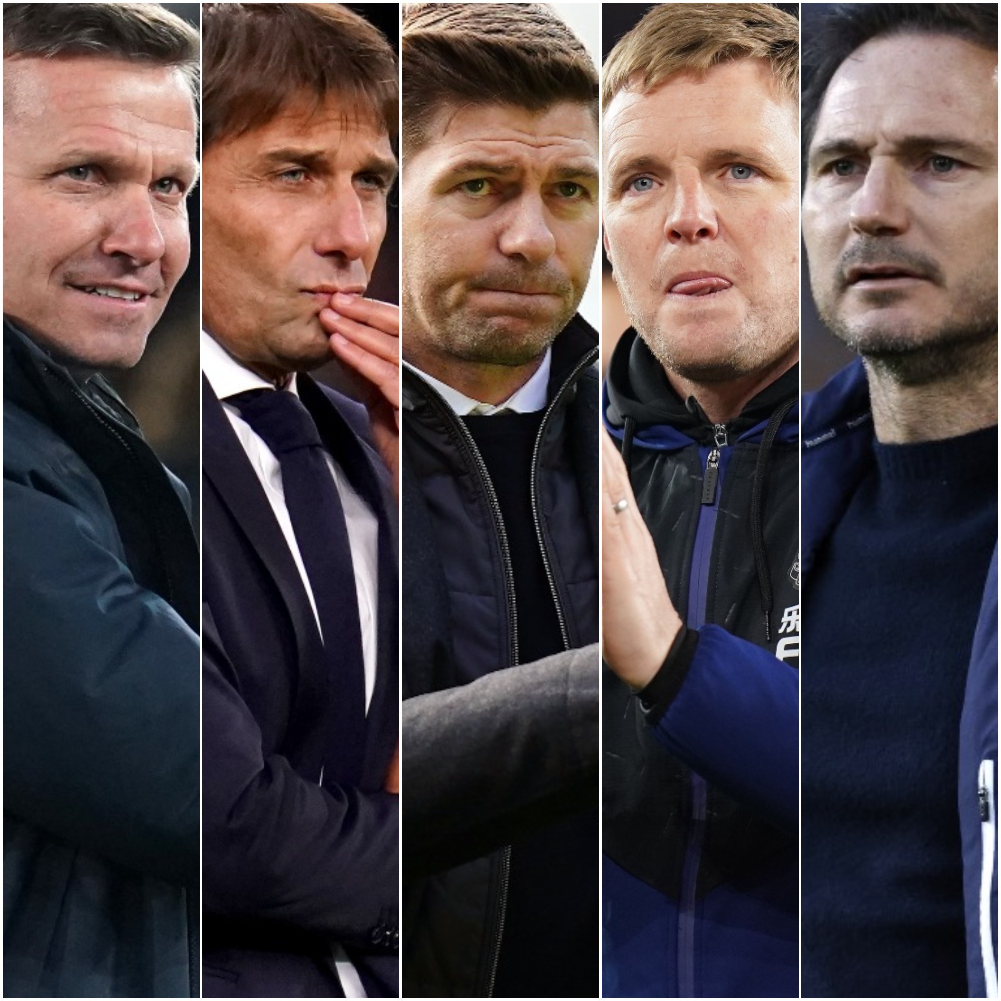 Leeds boss Jesse Marsch, Tottenham's Antonio Conte, Aston Villa manager Steven Gerrard, Newcastle's Eddie Howe and Everton's Frank Lampard, left to right, are preparing for their first full seasons with their current clubs