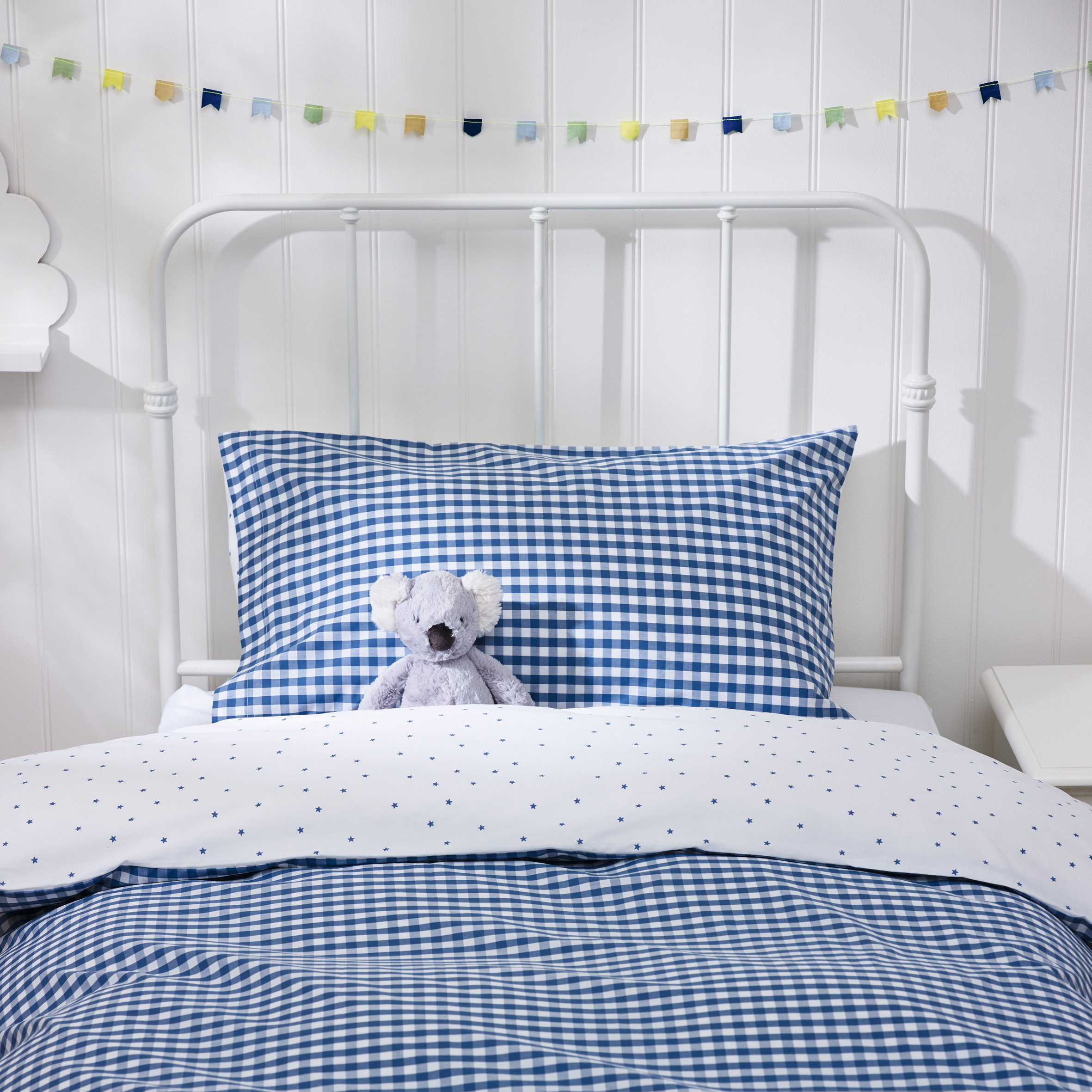The White Company Organic-Cotton Reversible Gingham Bed Linen Set, Blue, The White Company
