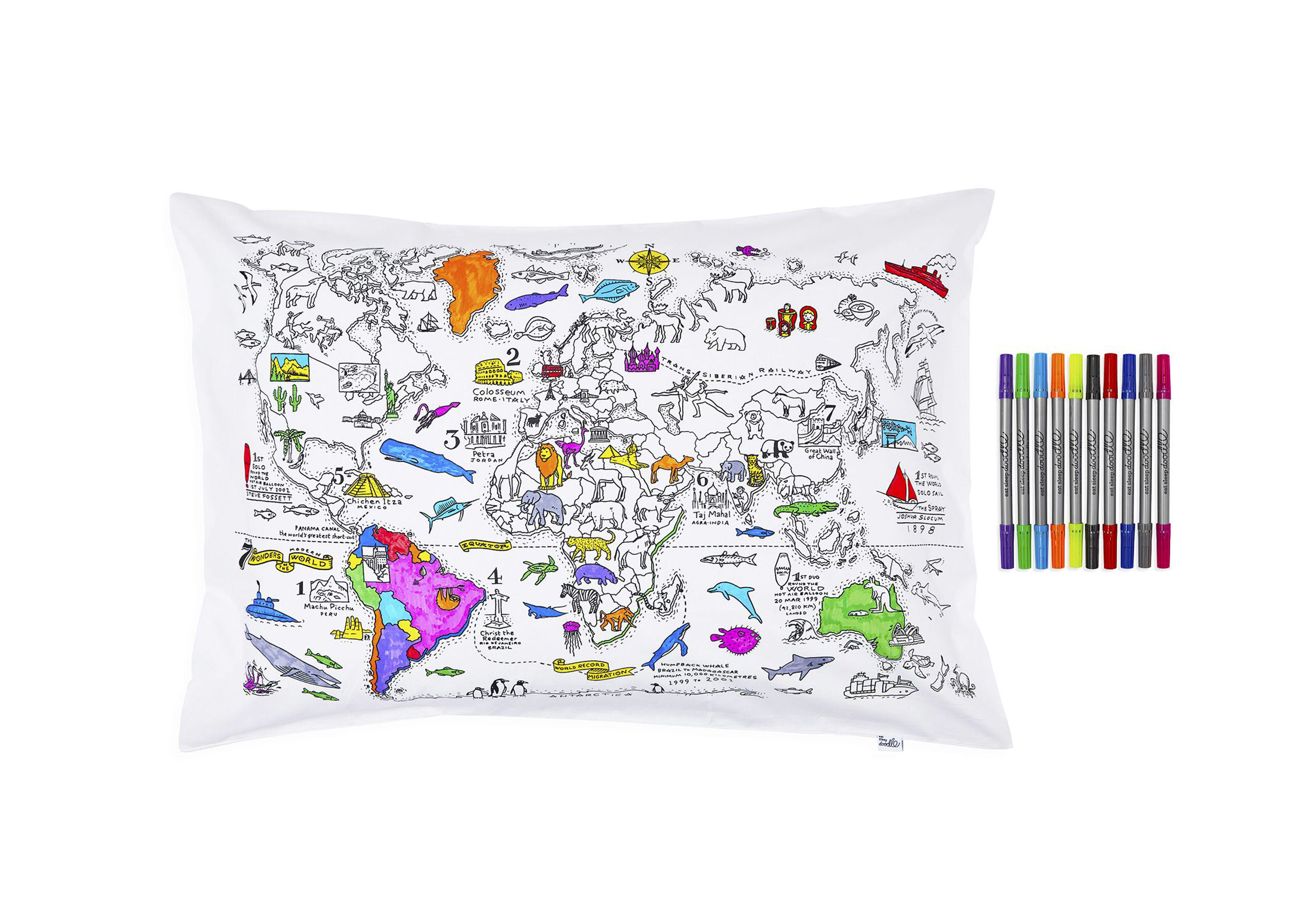 World Map Pillowcase – Colour In & Learn, Eat Sleep Doodle