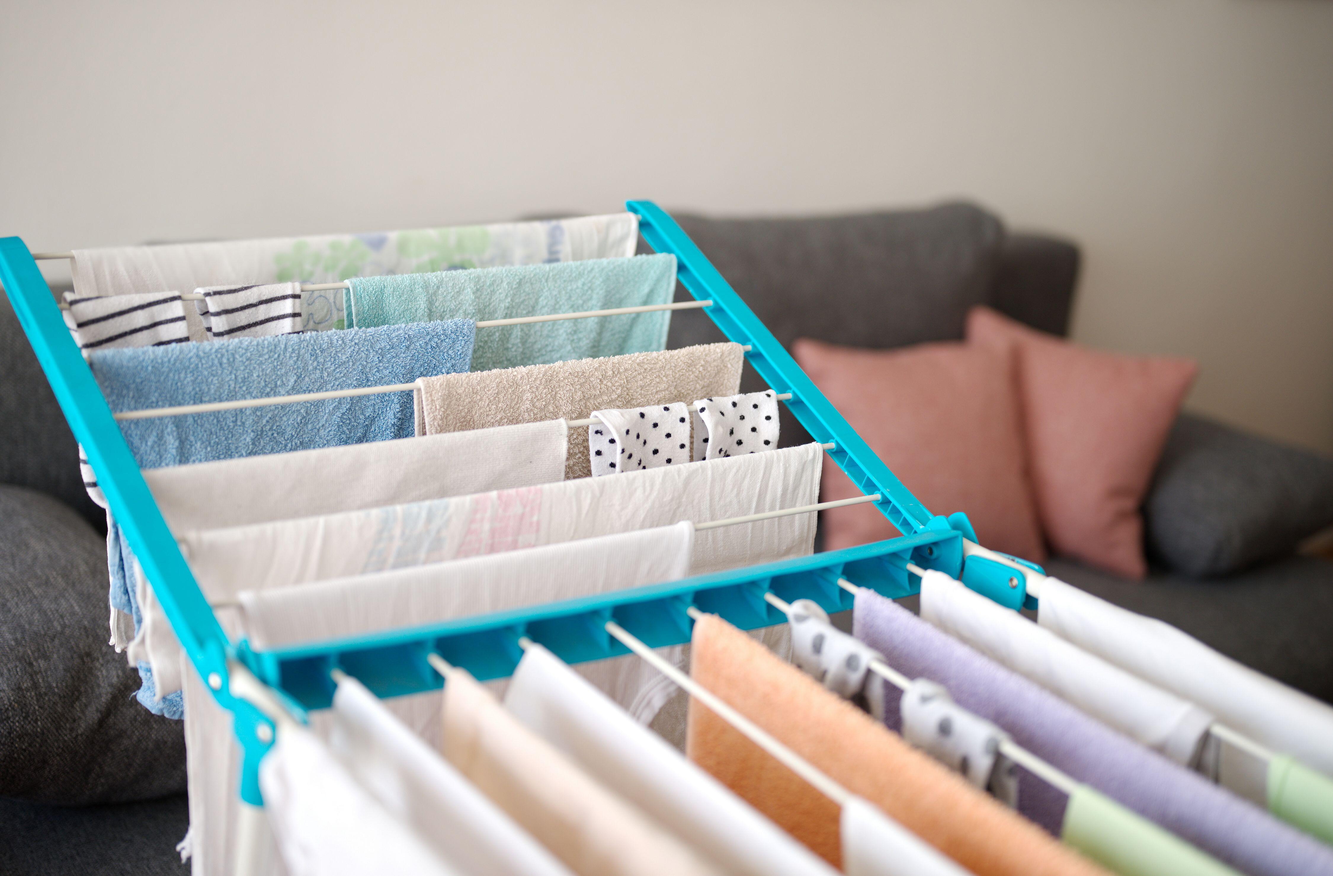 Laundry drying on clothes rack