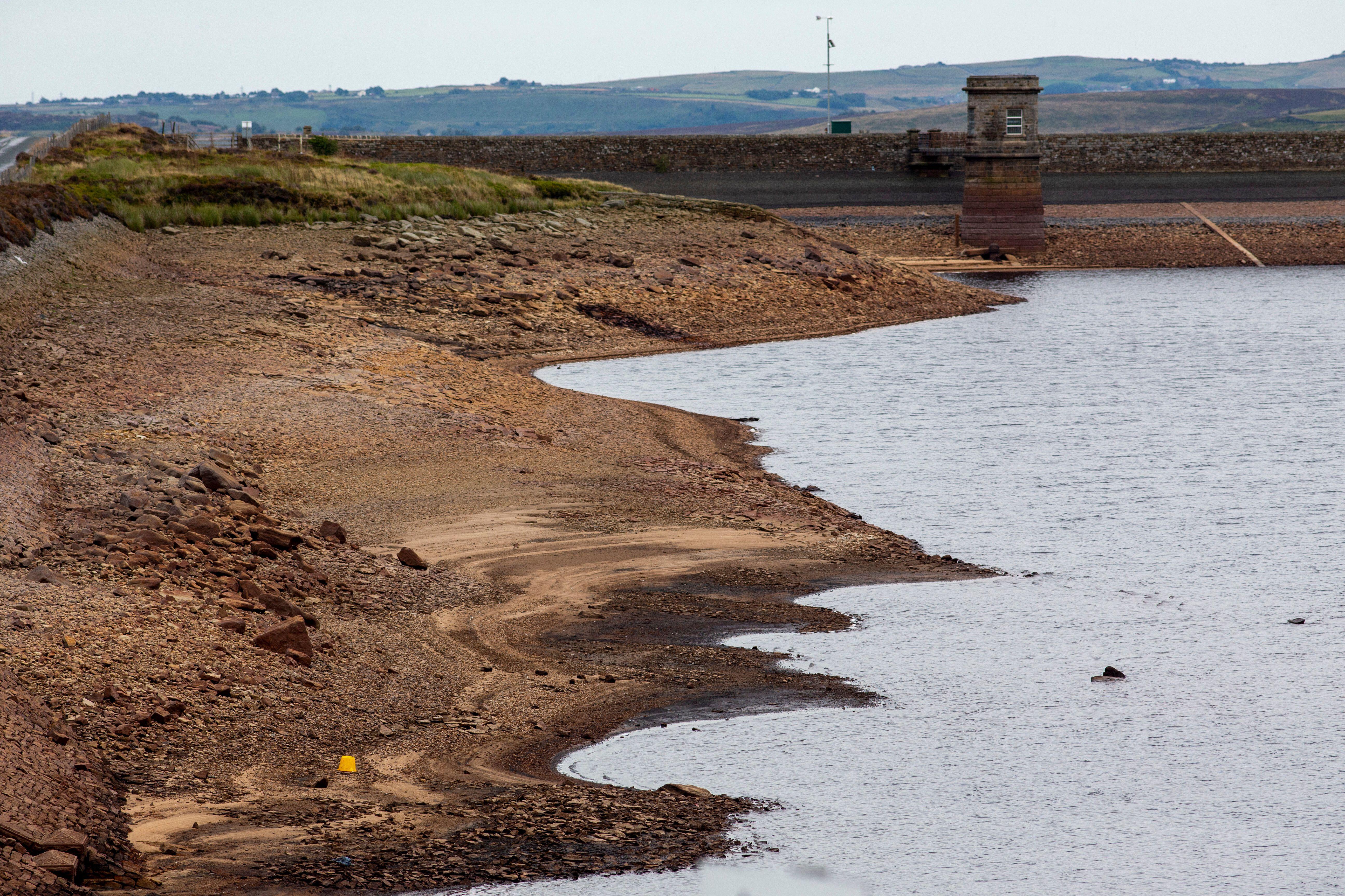 Low water levels at Watersheddles Reservoir near Haworth on August 1 2022