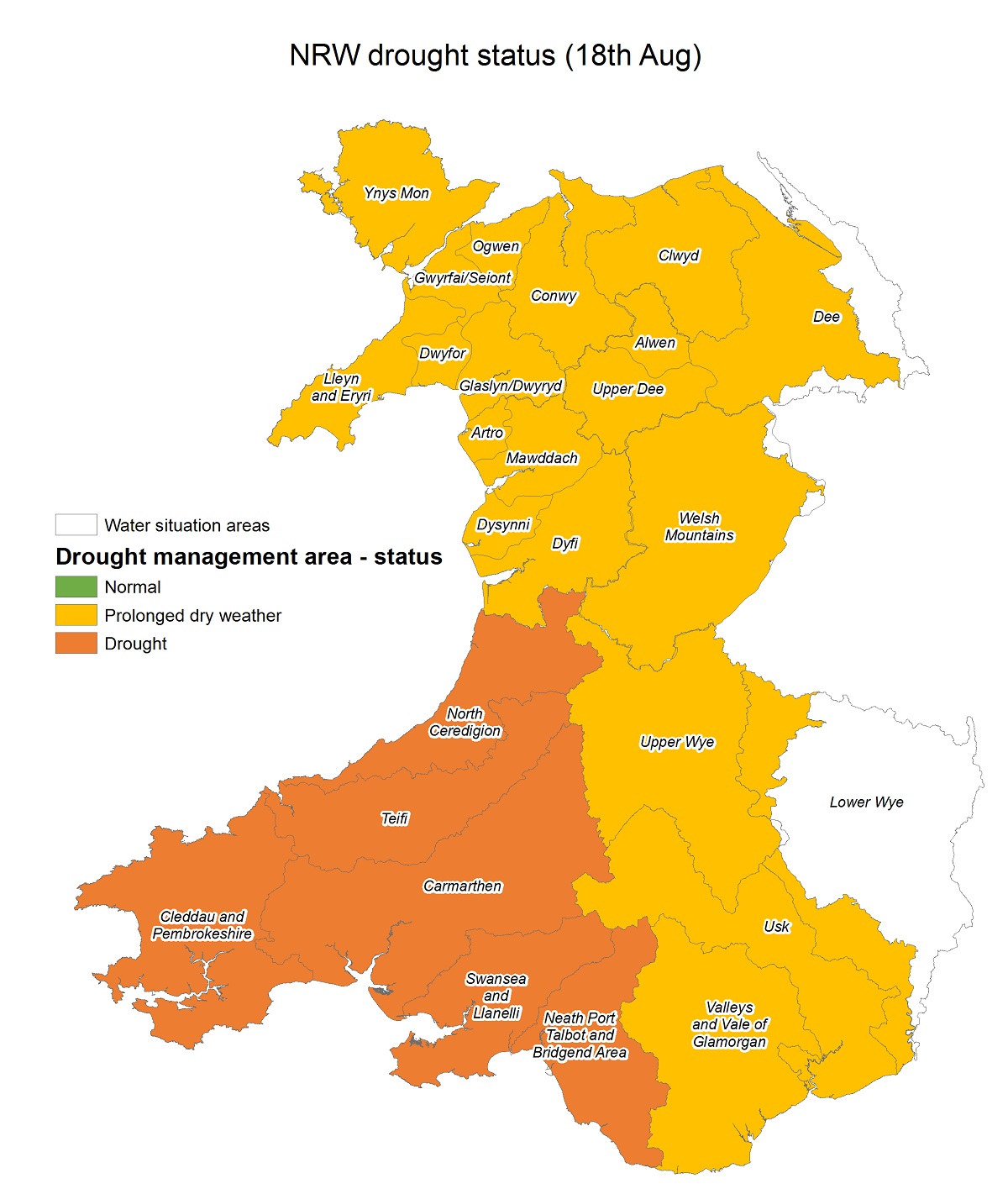 Drought map showing South West Wales most affected (Natural Resources Wales)