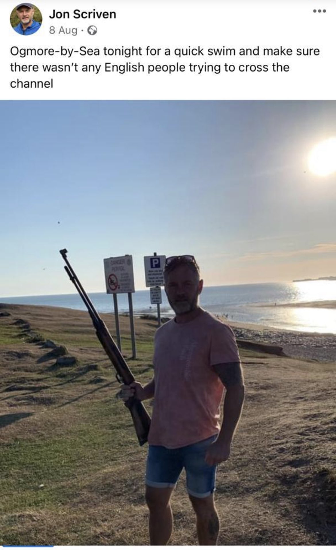 Councillor Jon Scriven appearing to hold a firearm in what has been claimed to be a 'xenophobic' Facebook post. (Jon Scriven)