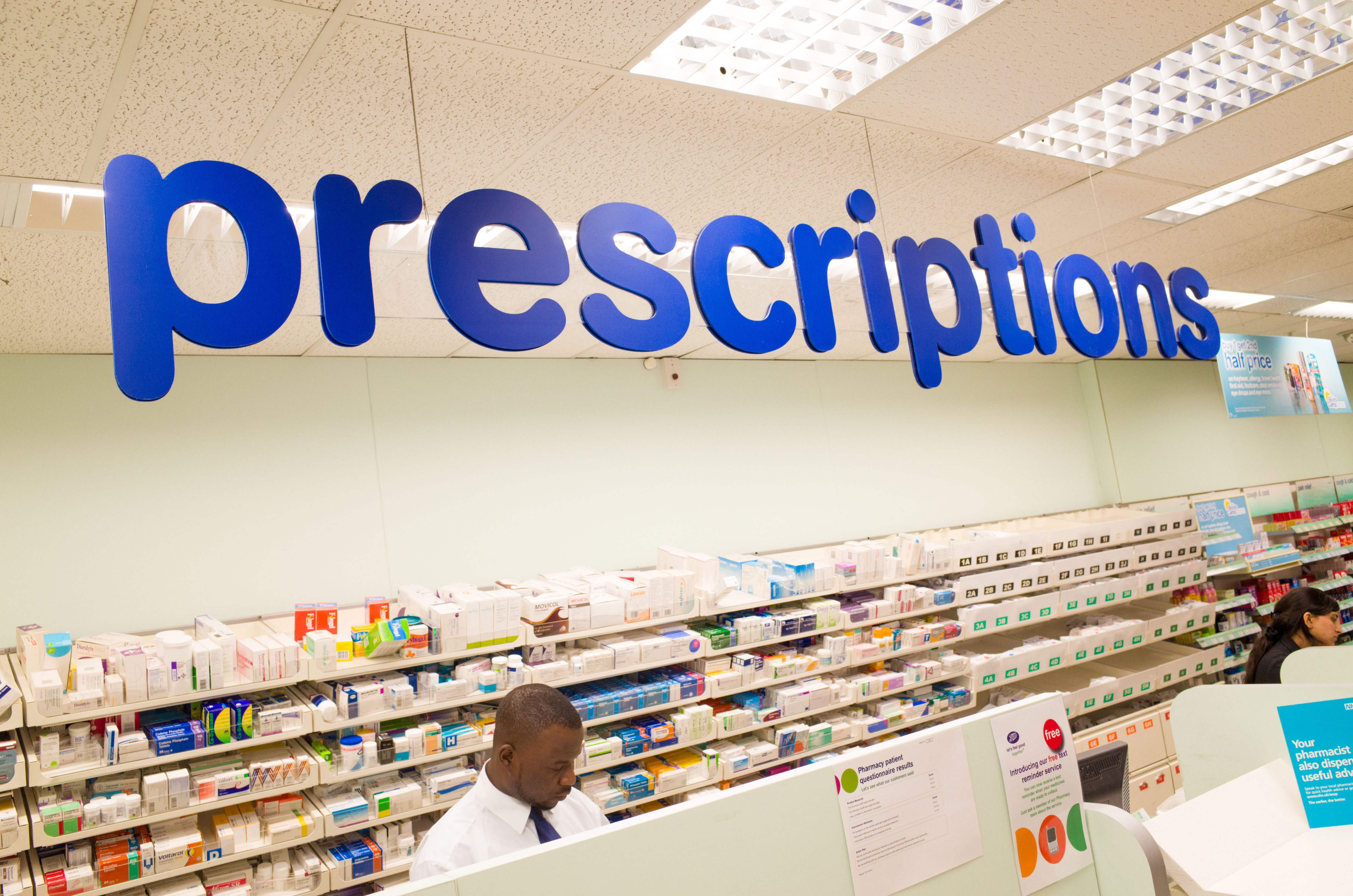 Prescriptions counter at Boots pharmacy, England, UK