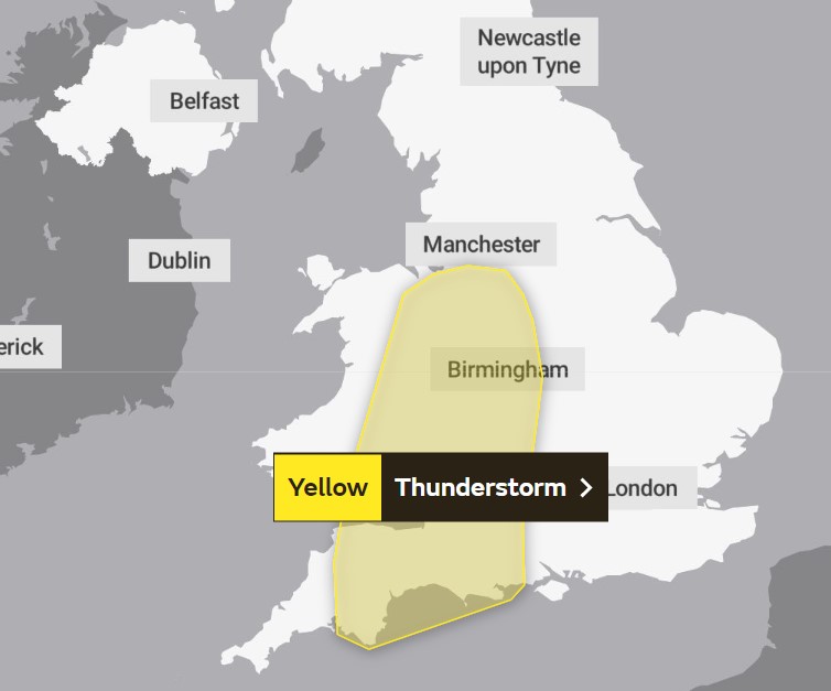 The Met Office has issued another yellow weather warning for thunderstorms across a large part of the south West and Wales (Met Office/PA)