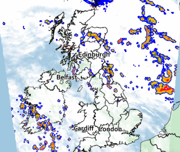 The rain and stormy weather pictured moving northwards over  night and into Tuesday morning. (Met Office/PA)
