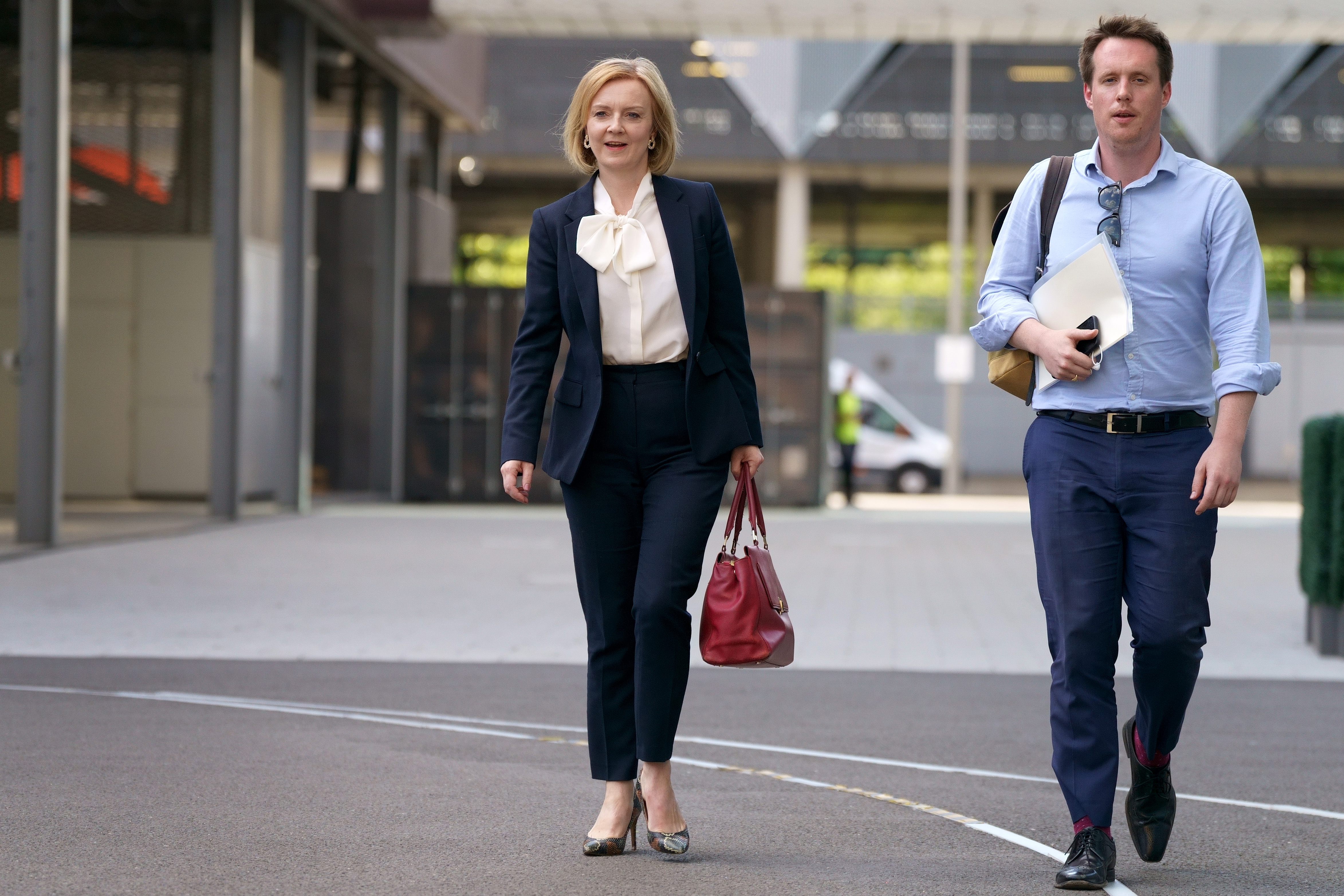 Conservative party leadership contender Liz Truss arrives at Here East studios in Stratford, east London, before the live television debate for the candidates for leadership of the Conservative party, hosted by Channel 4, in July 2022