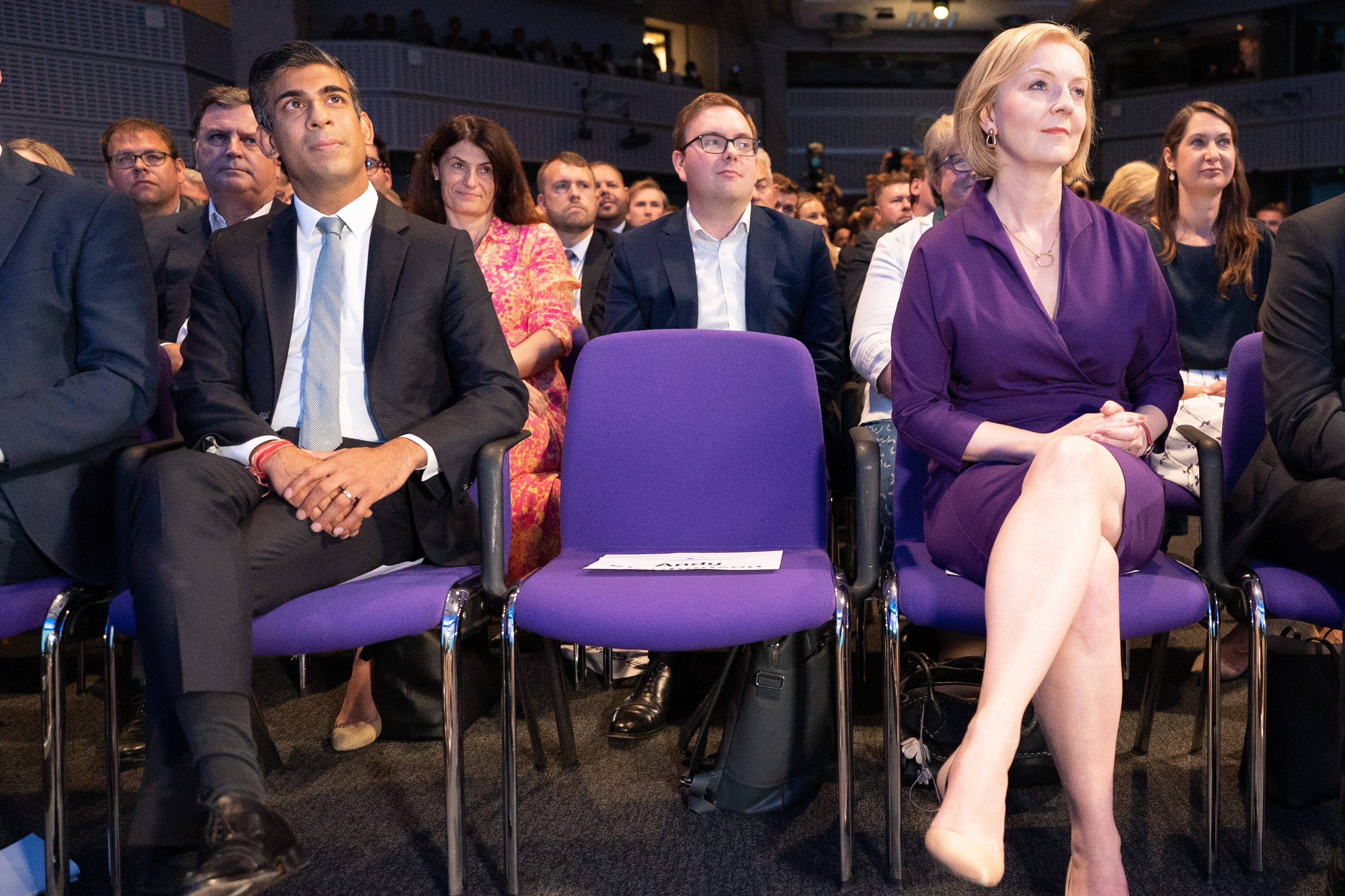 Rishi Sunak and Liz Truss at the Queen Elizabeth II Centre in London on Monday as Ms Truss was announced as the new Conservative Party leader