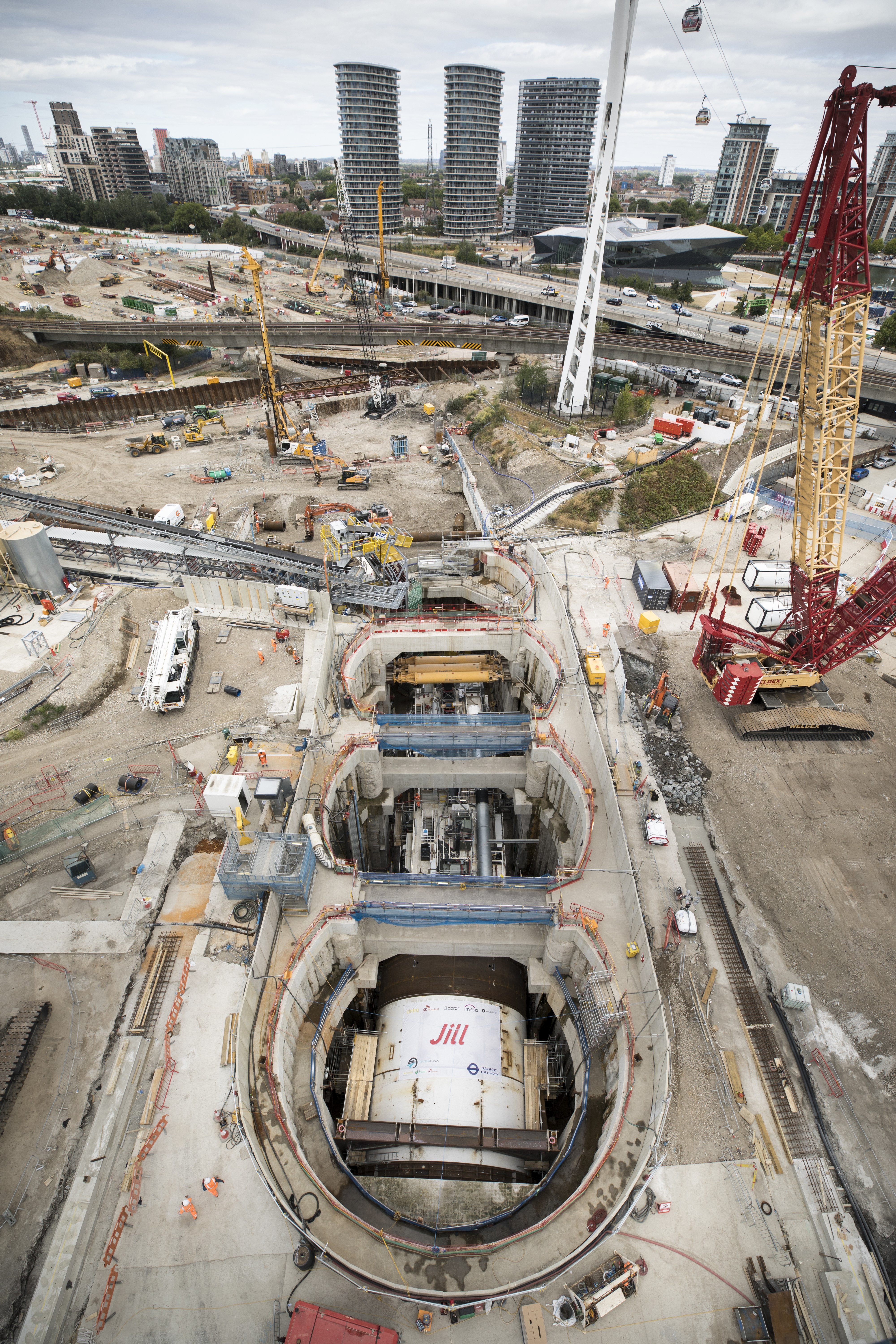 An aerial view of the tunnelling machine at the Royal Docks work site