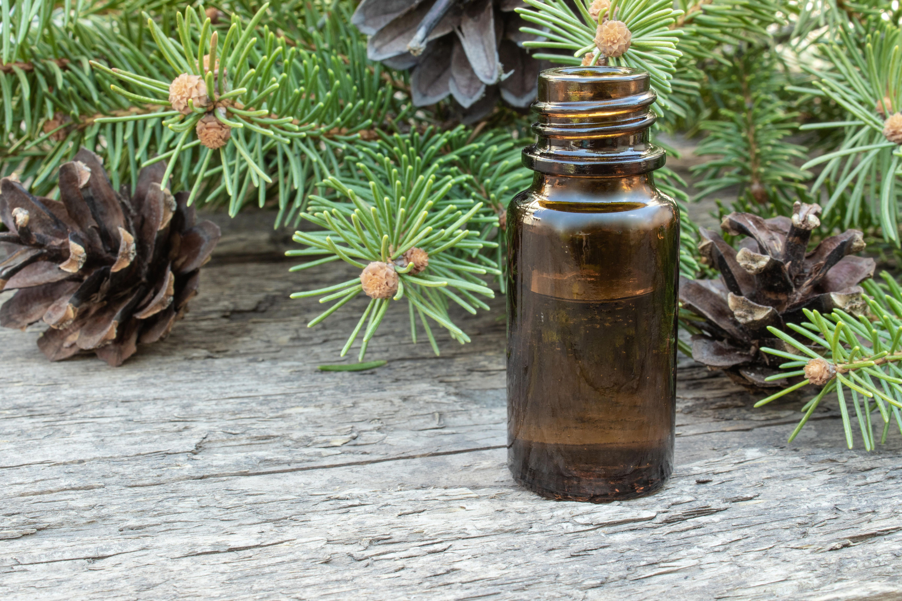 Pine essential oil with pine cones