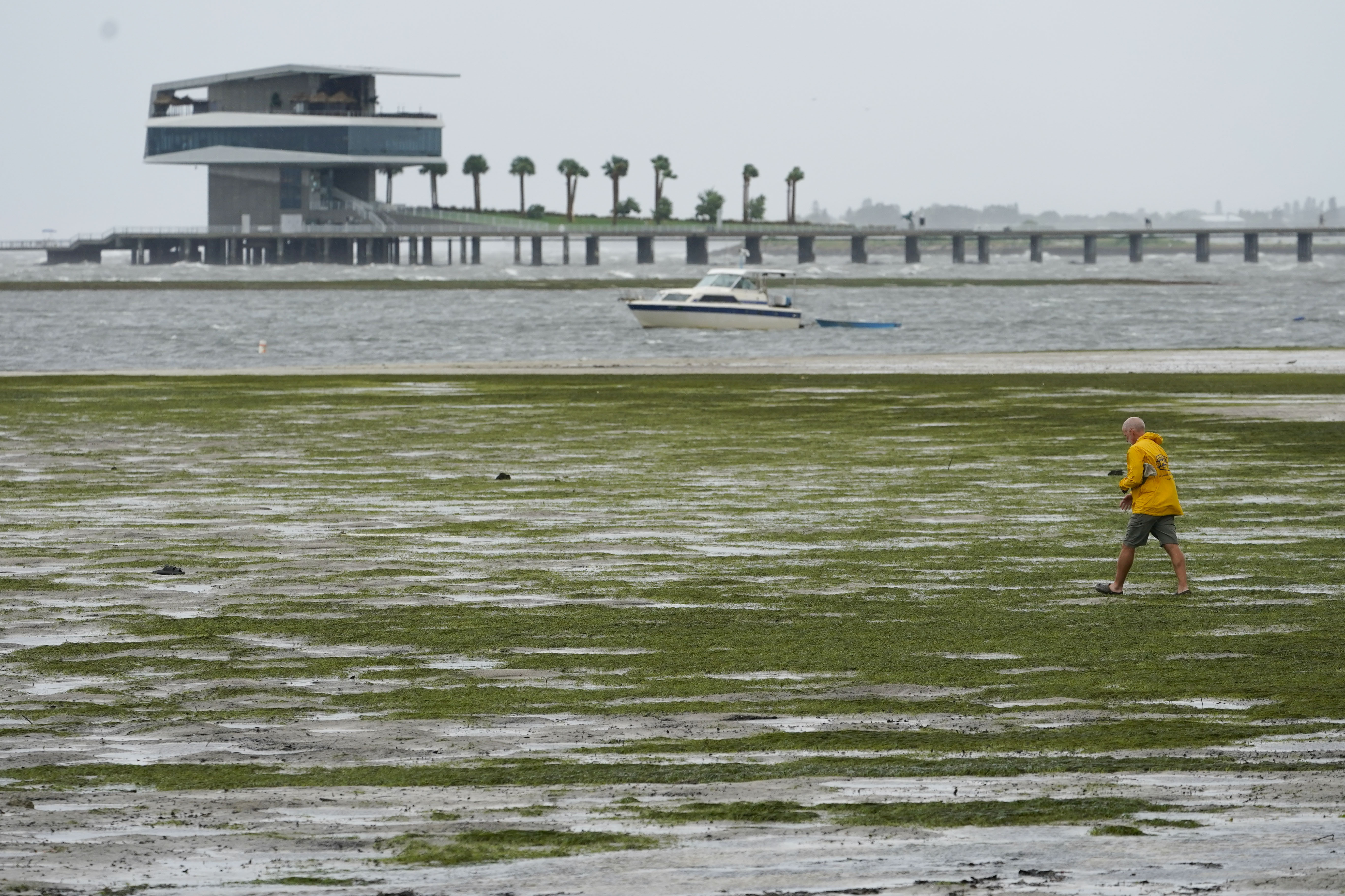 People walk where water is receding out of Tampa Bay due to a negative surge ahead of Hurricane Ian