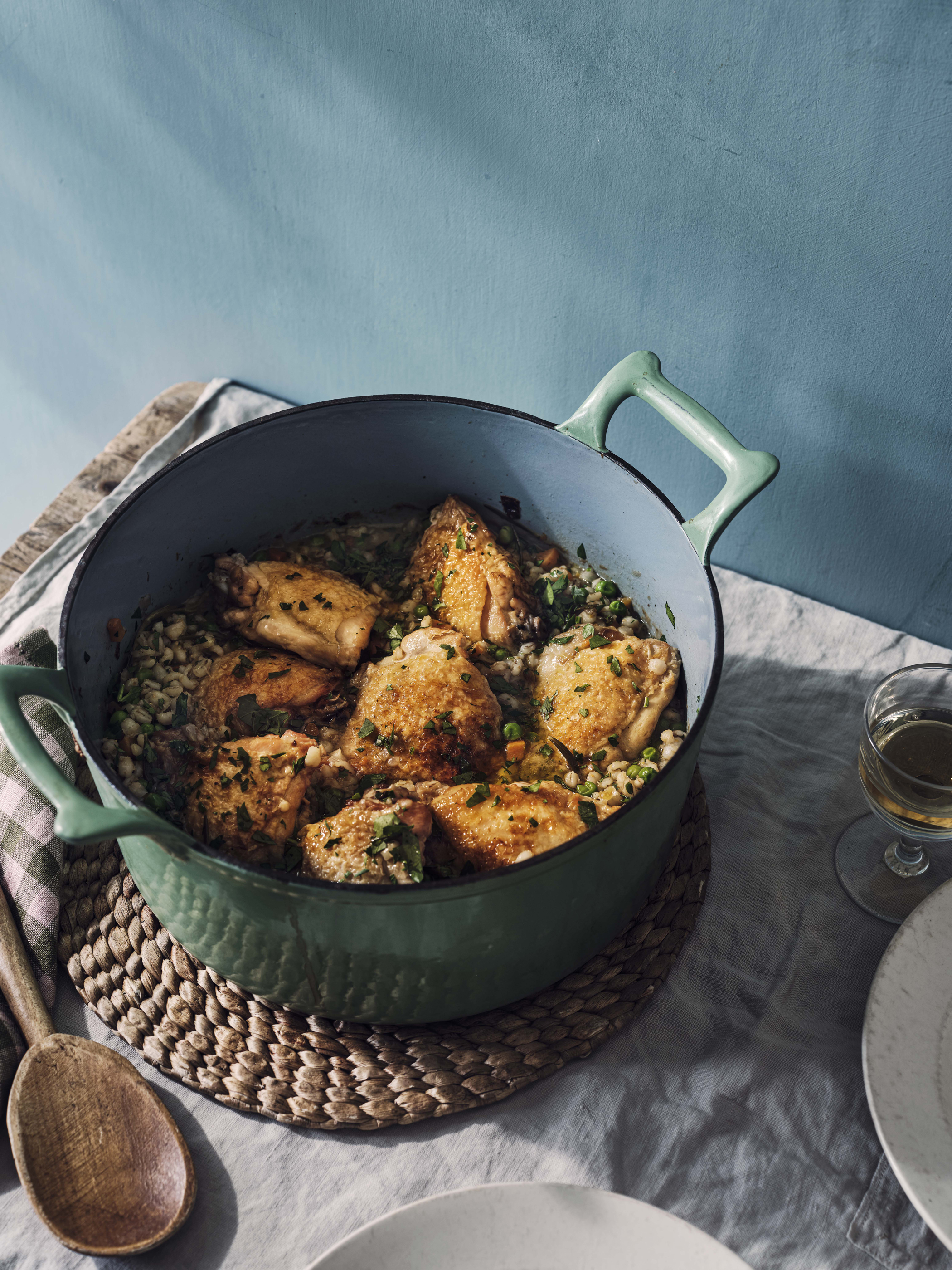 One-pot roast chicken with pearl barley, white wine and peas