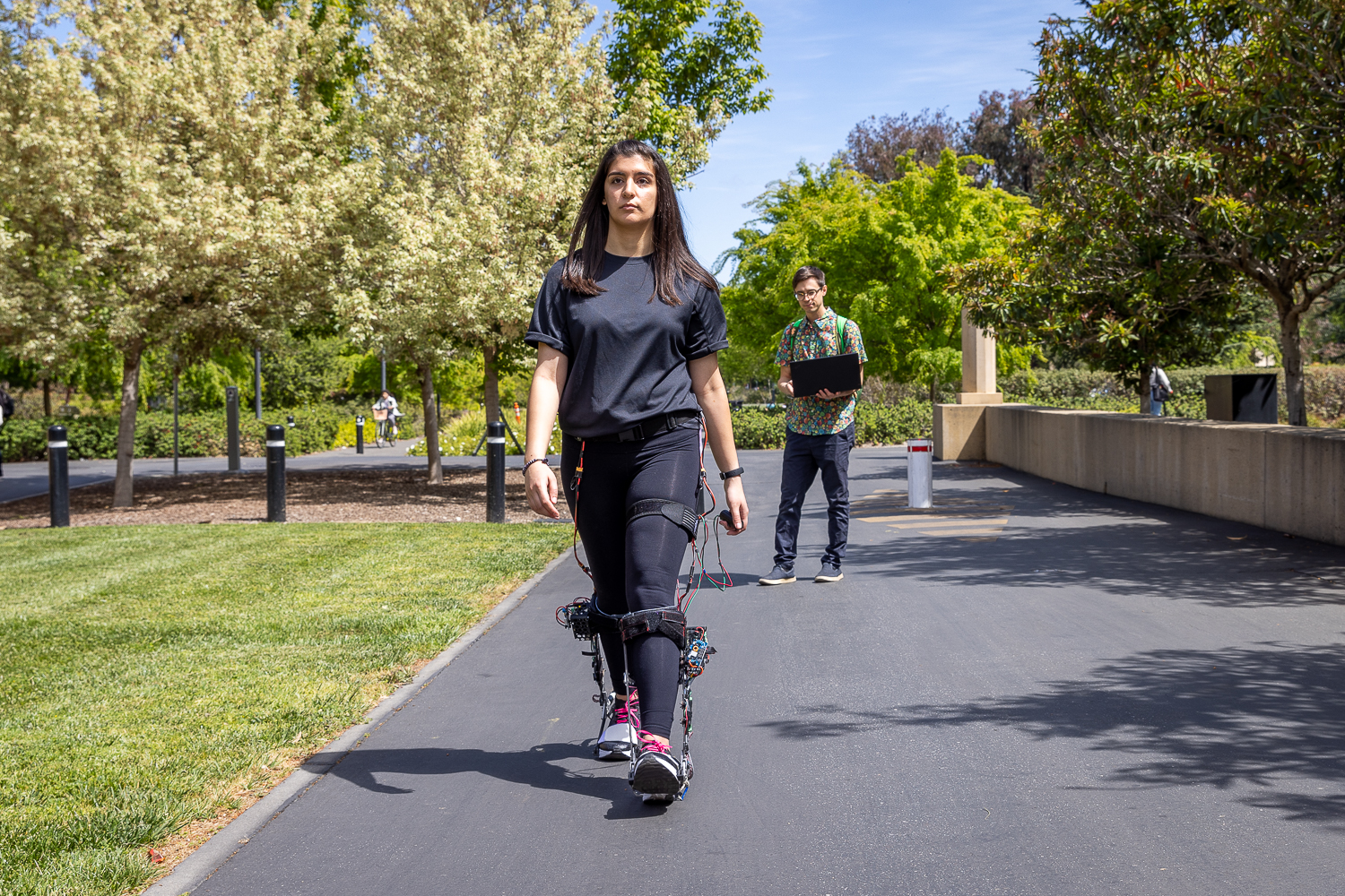 Stanford University student Ava Lakmazaheri testing the exoskeleton boot
