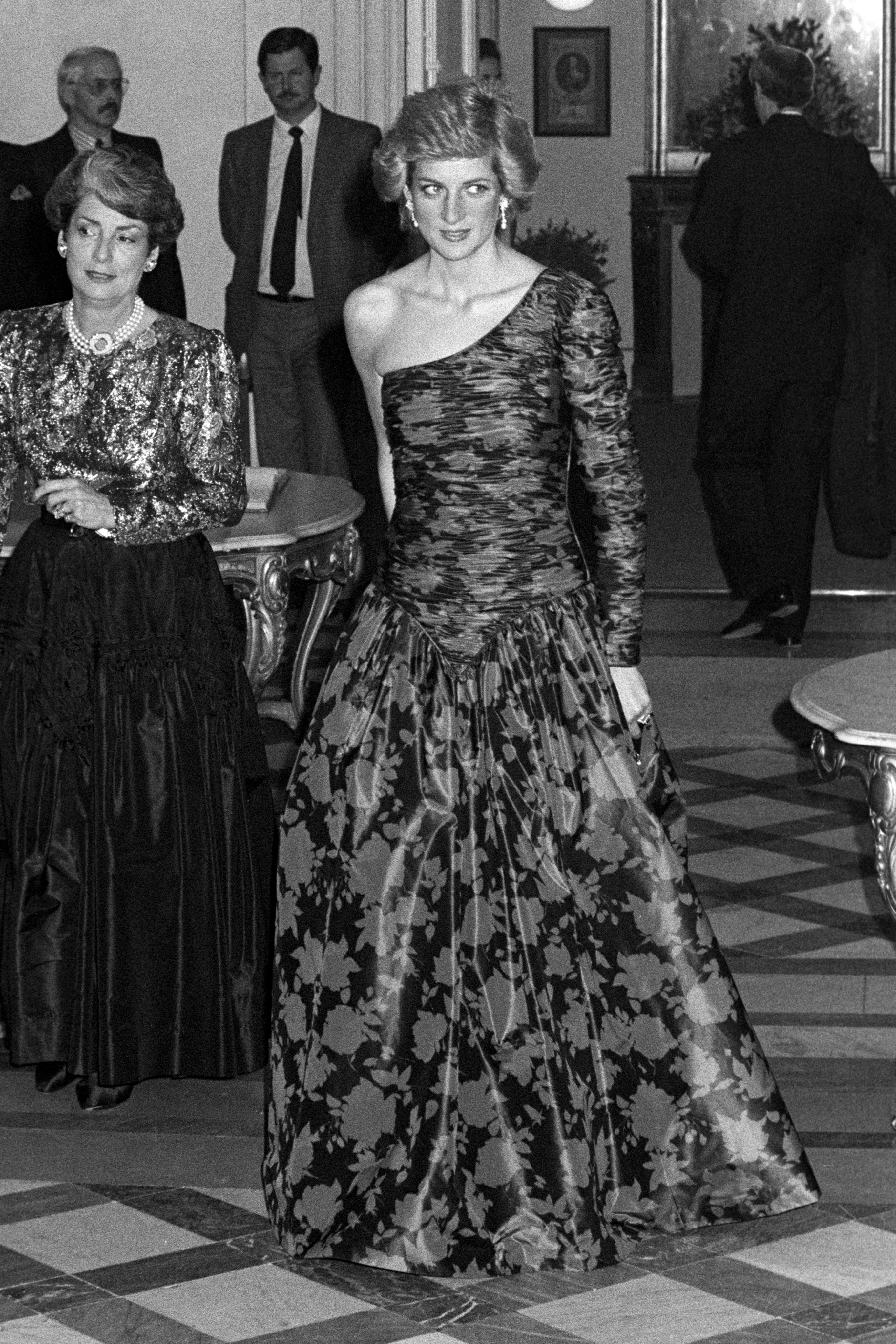The Princess of Wales at a dinner and reception at the British Embassy in Paris in 1988