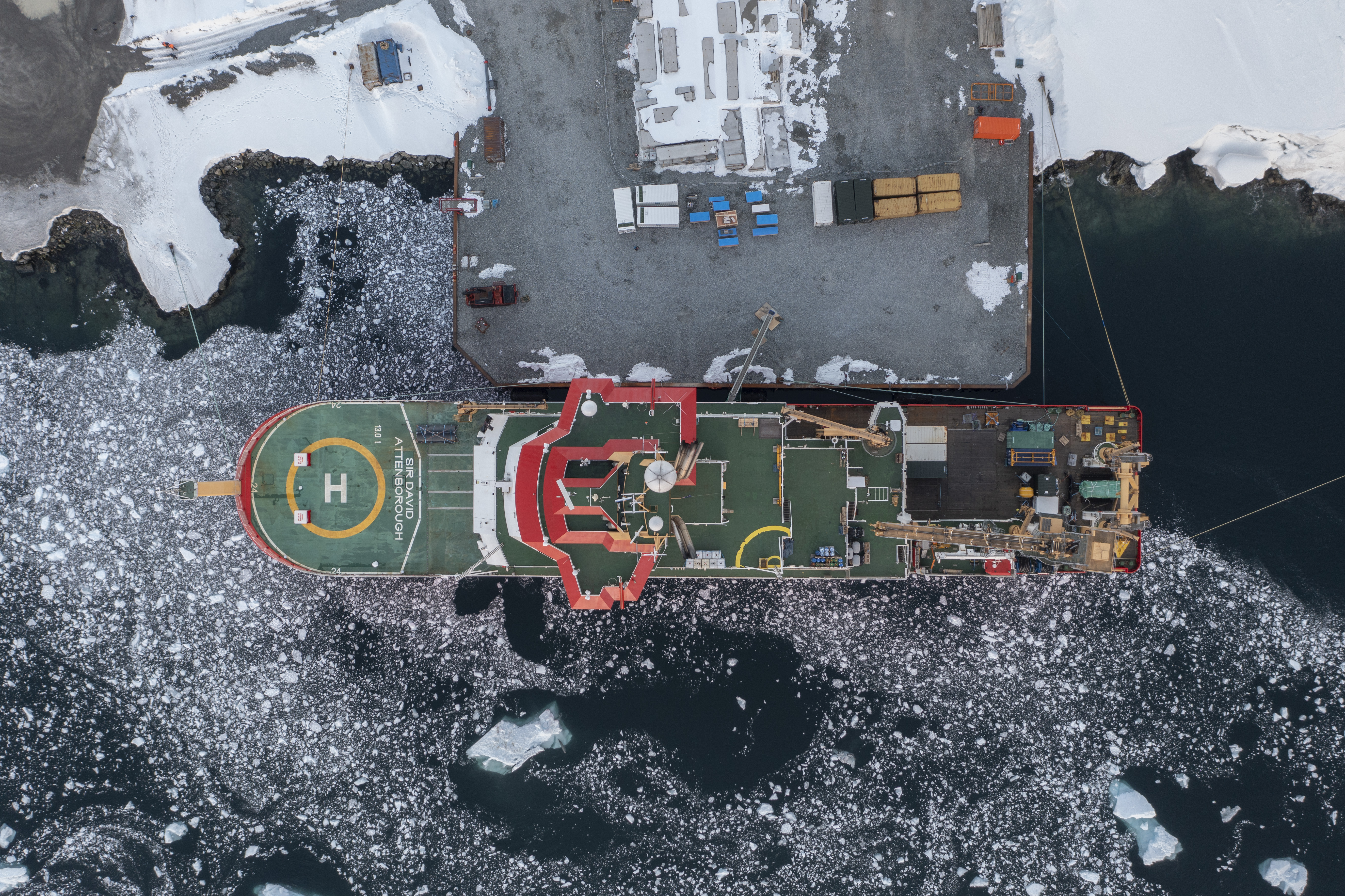 The RRS Sir David Attenborough at Rothera Research Station. (British Antarctic Survey/ William Clarke/ PA)