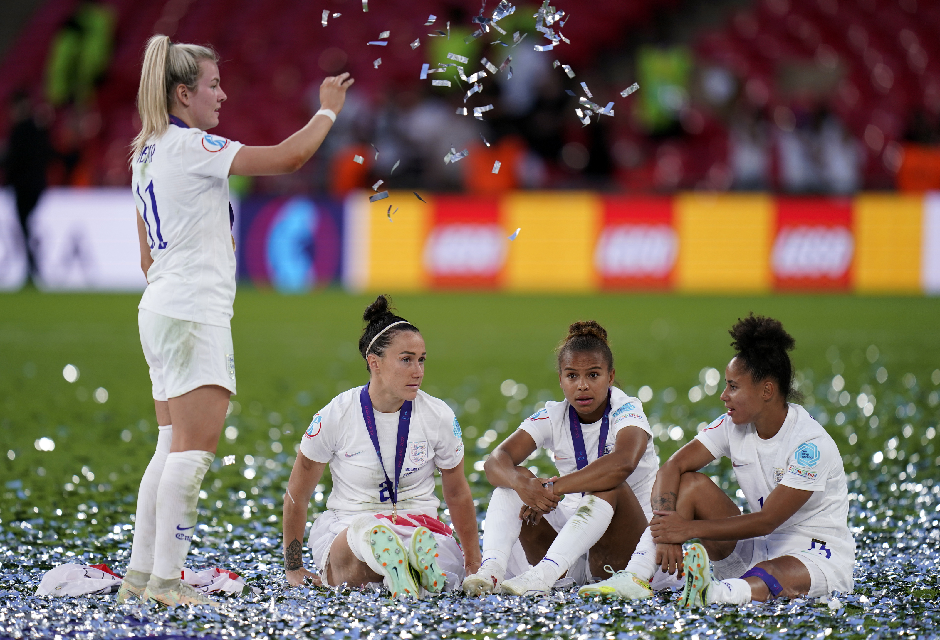 England's Lauren Hemp, Lucy Bronze, Nikita Parris and Demi Stokes celebrating following the UEFA Women's Euro 2022 final 