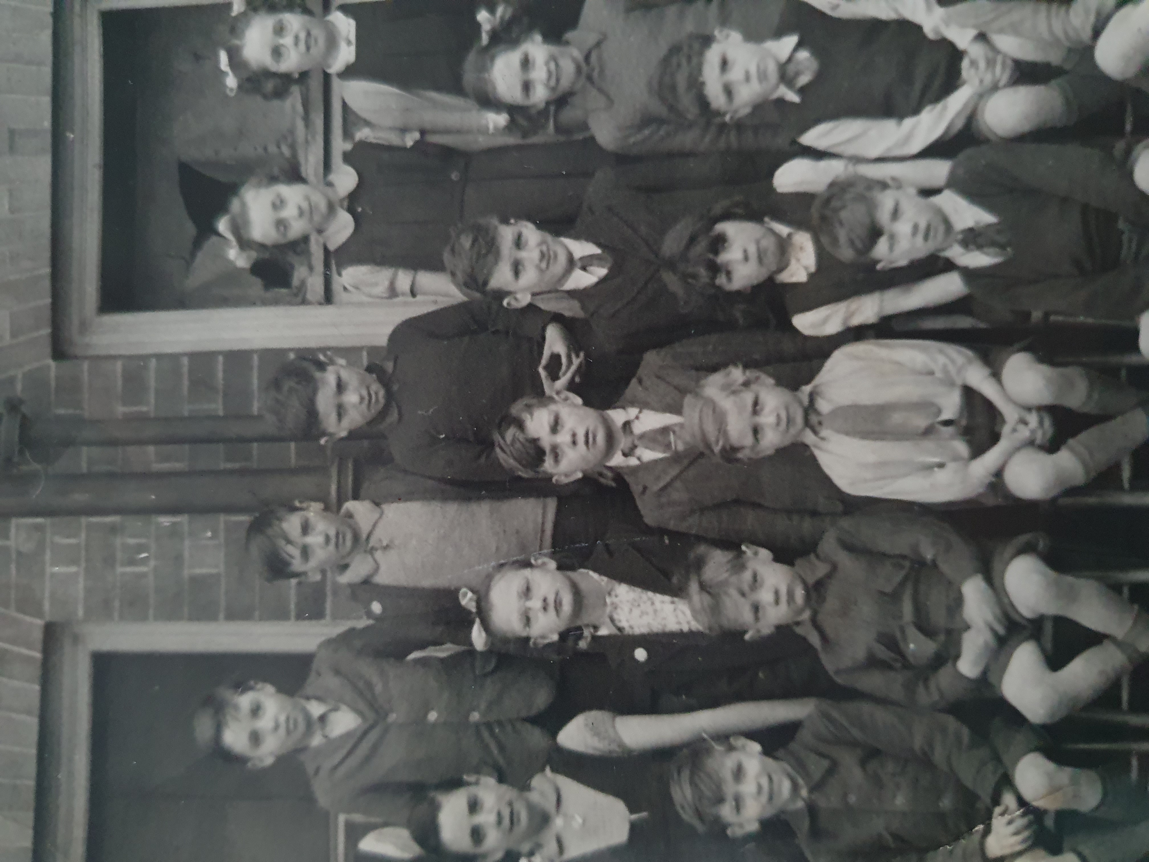 Black and white photo of Ernie and his classmates at school