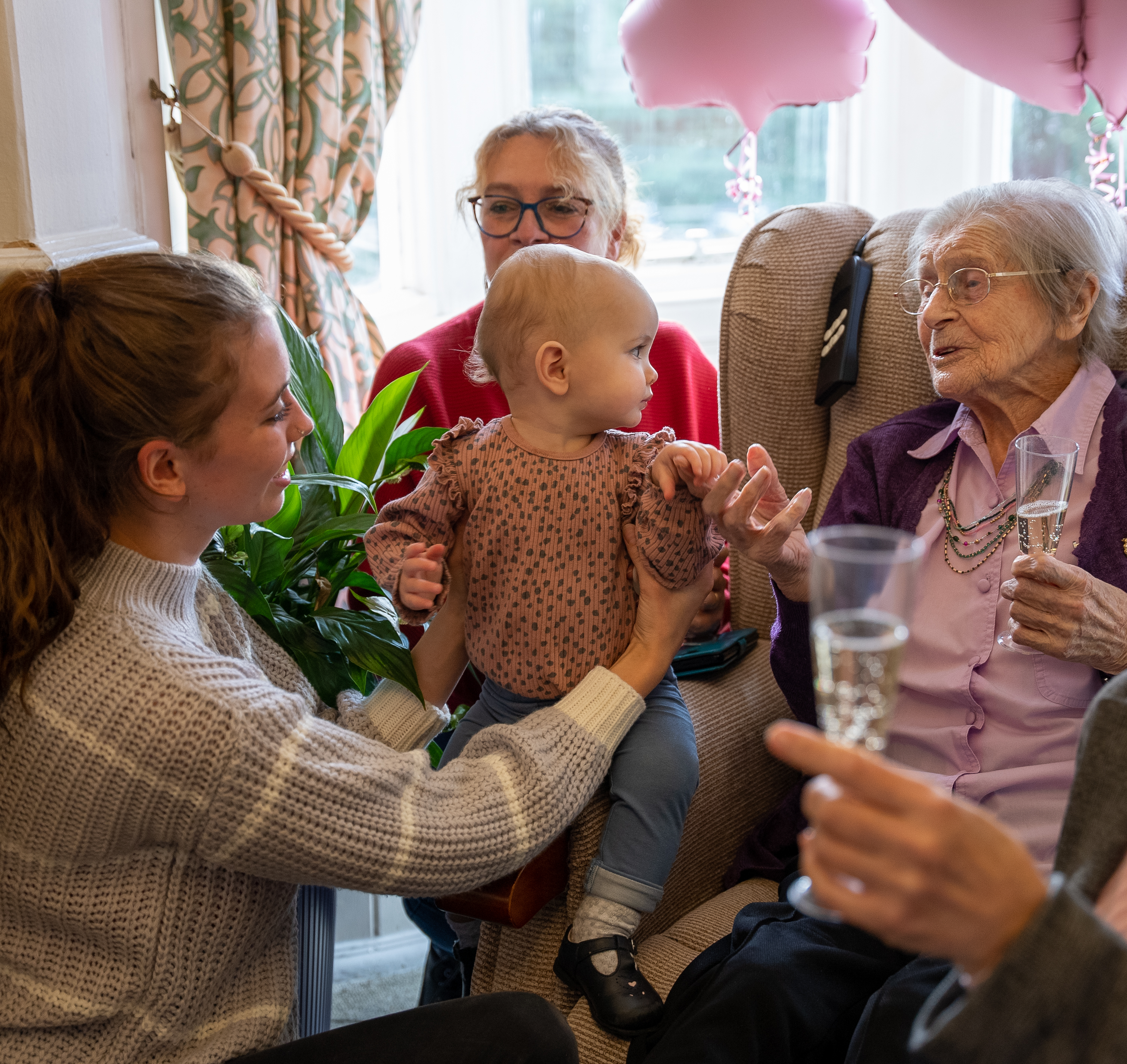 Kathleen Withall celebrating 103rd birthday with youngest of five generations in her family, great granddaughter Millie an great great granddaughter Nova