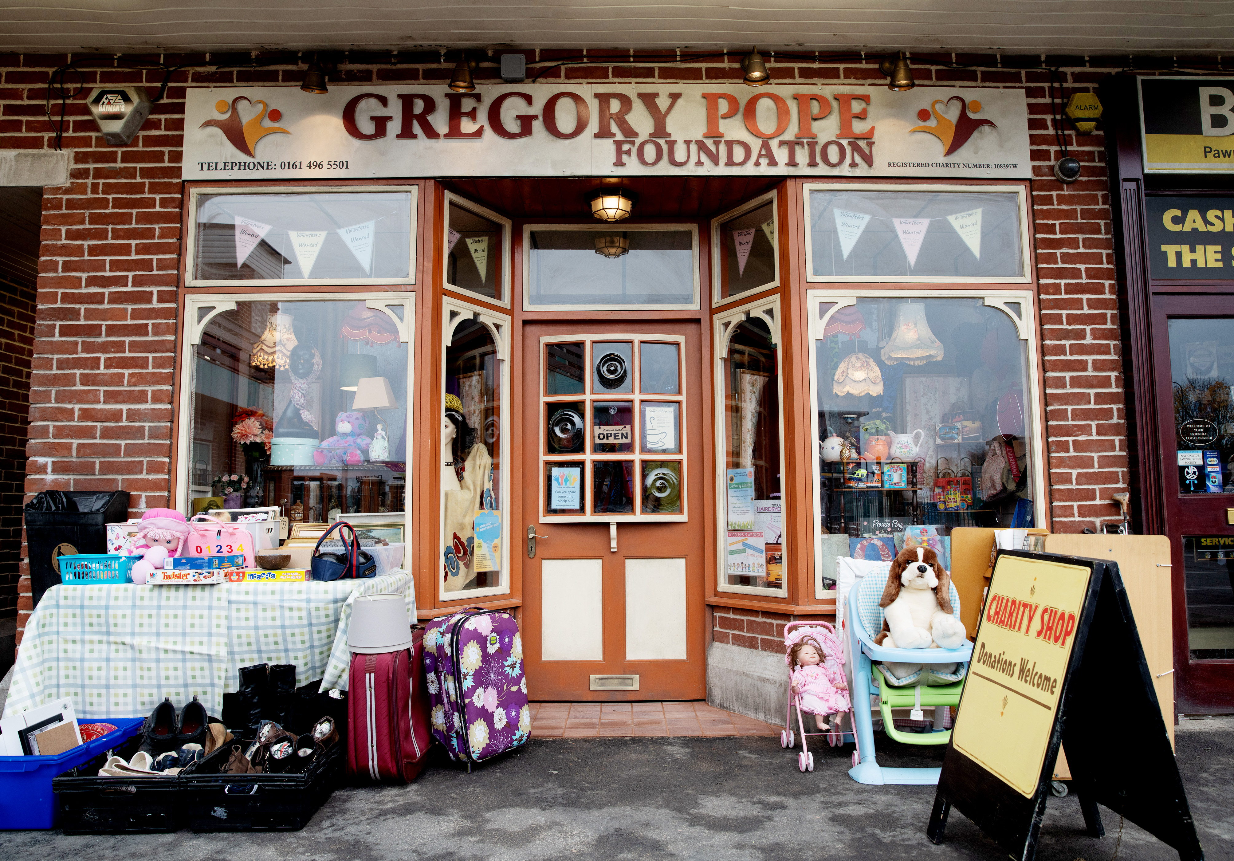 The Gregory Pope Foundation charity shop in the new Weatherfield Precinct set (ITV/PA)