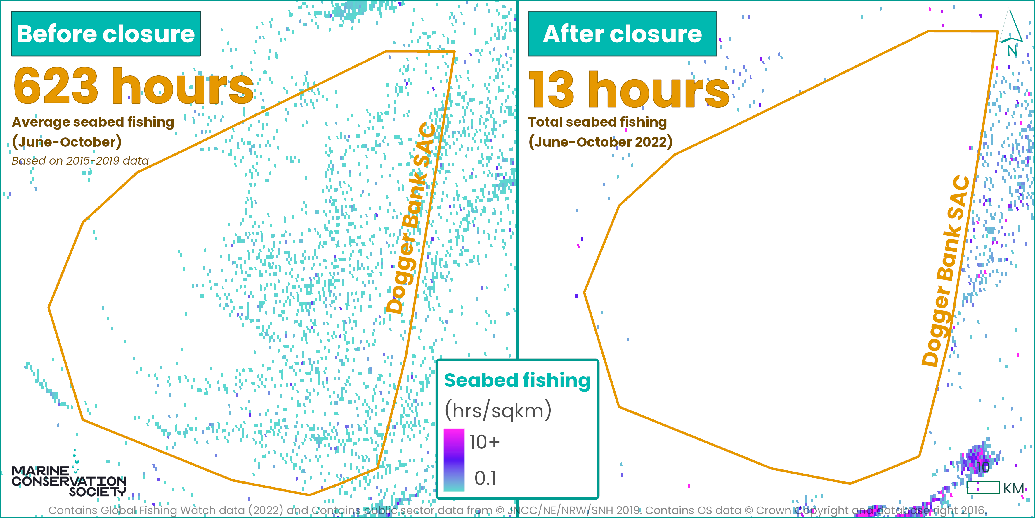 Map showing before and after fishing with bottom-towed gear in Dogger Bank (Marine Conservation Society/PA)