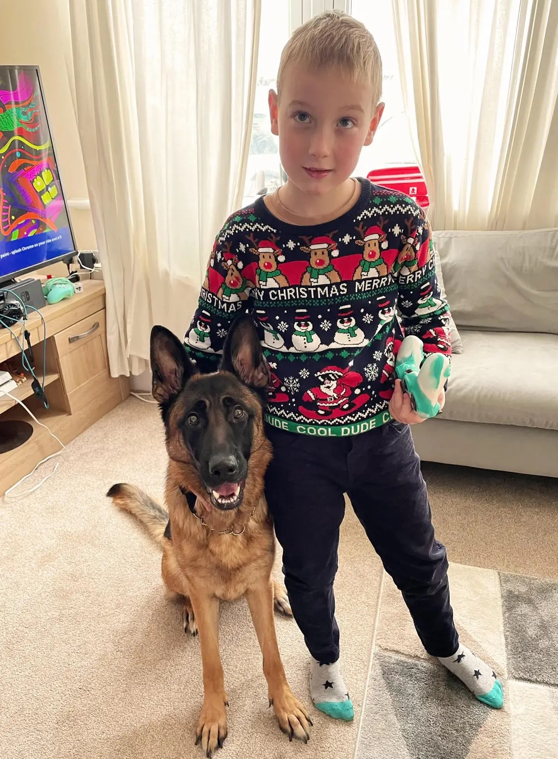 Boy wearing a jumper standing next to a dog