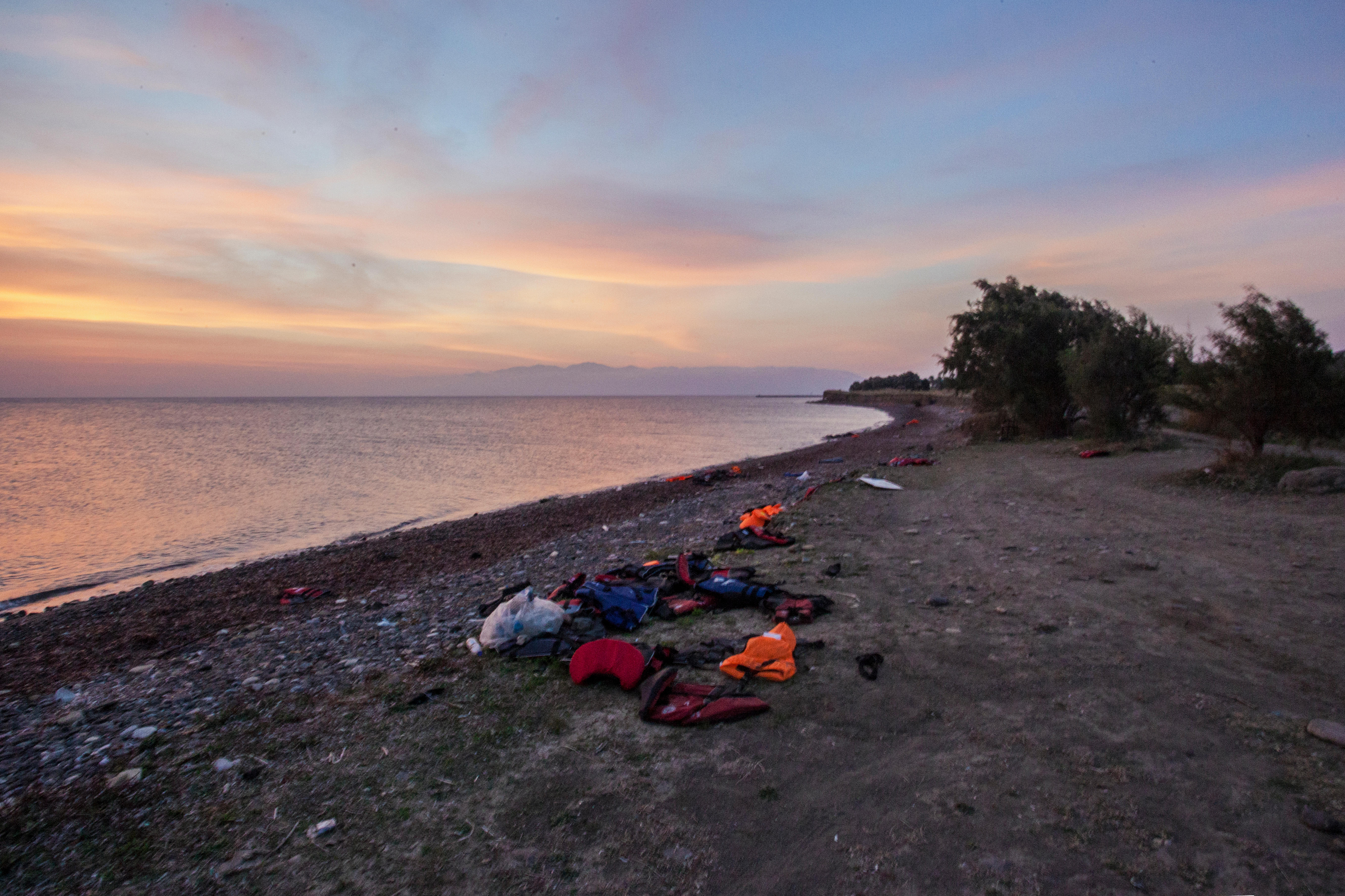 A beach on Lesbos where life jackets have been left by migrant arrivals