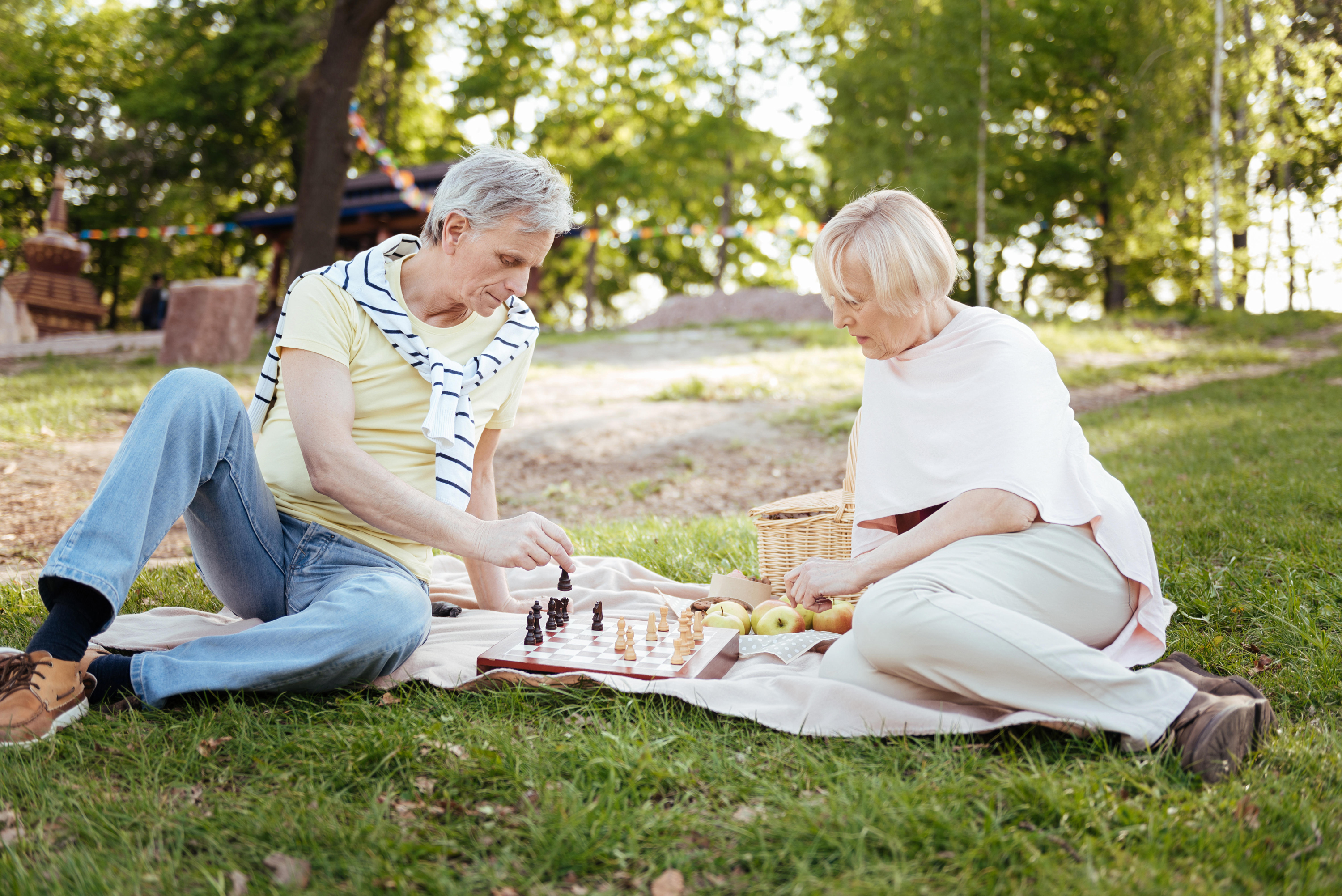 couple playing chess and having a picnic