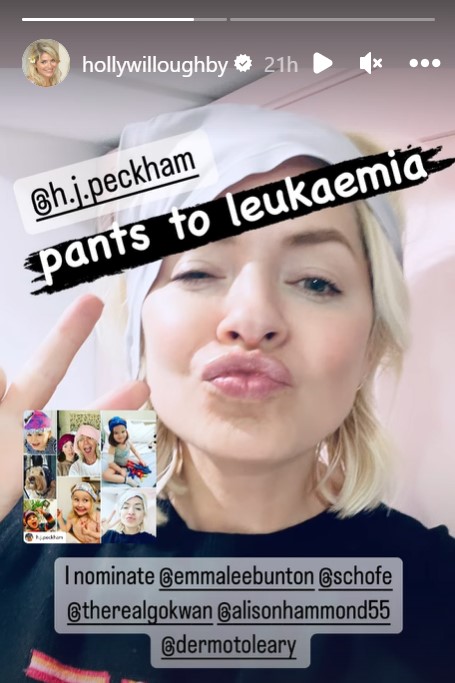 Holly Willoughby in Instagram story with pants on head