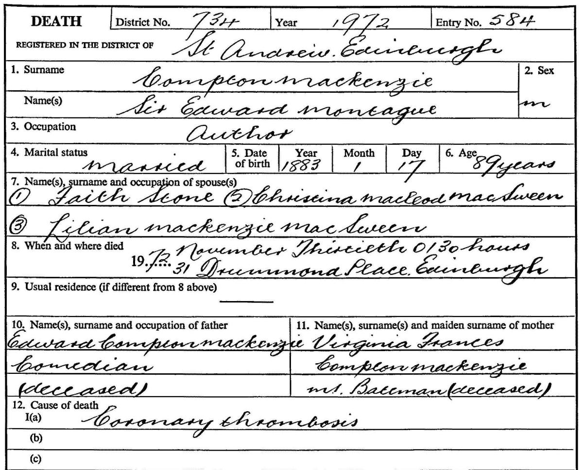 Compton Mackenzie death certificate