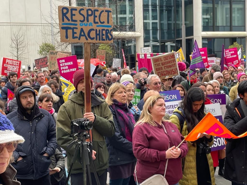 Around 600 people joined a rally in Cardiff's Central Square in protest against harsher government restrictions on striking.
