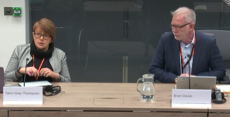 Baroness Grey-Thompson (left) and Sport Wales acting CEO Brian Davies said the organisation were unaware of specific allegations against the WRU prior to the BBC report. (Senedd TV)