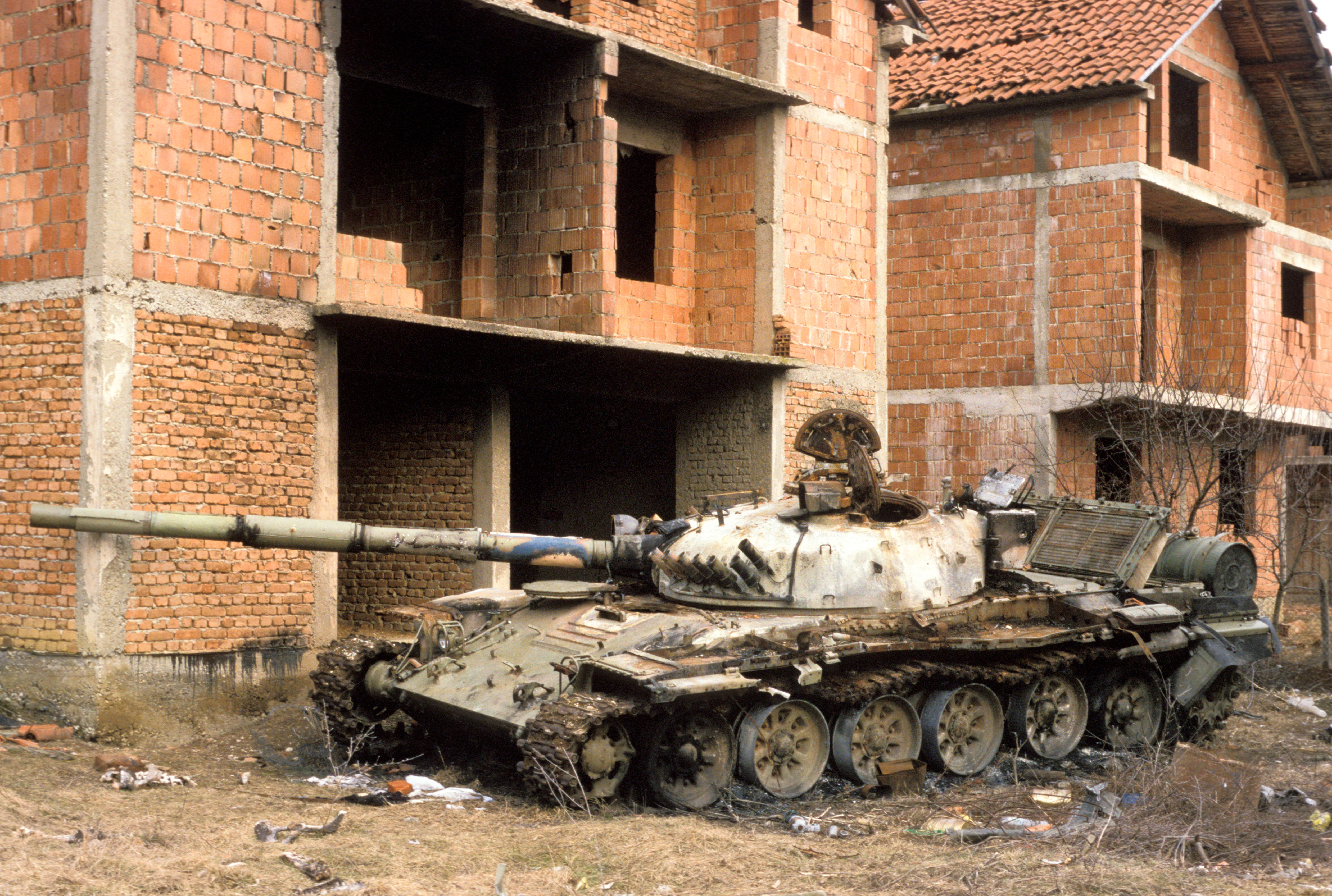 A destroyed Serbian tank in Peja, Kosovo, in 1999