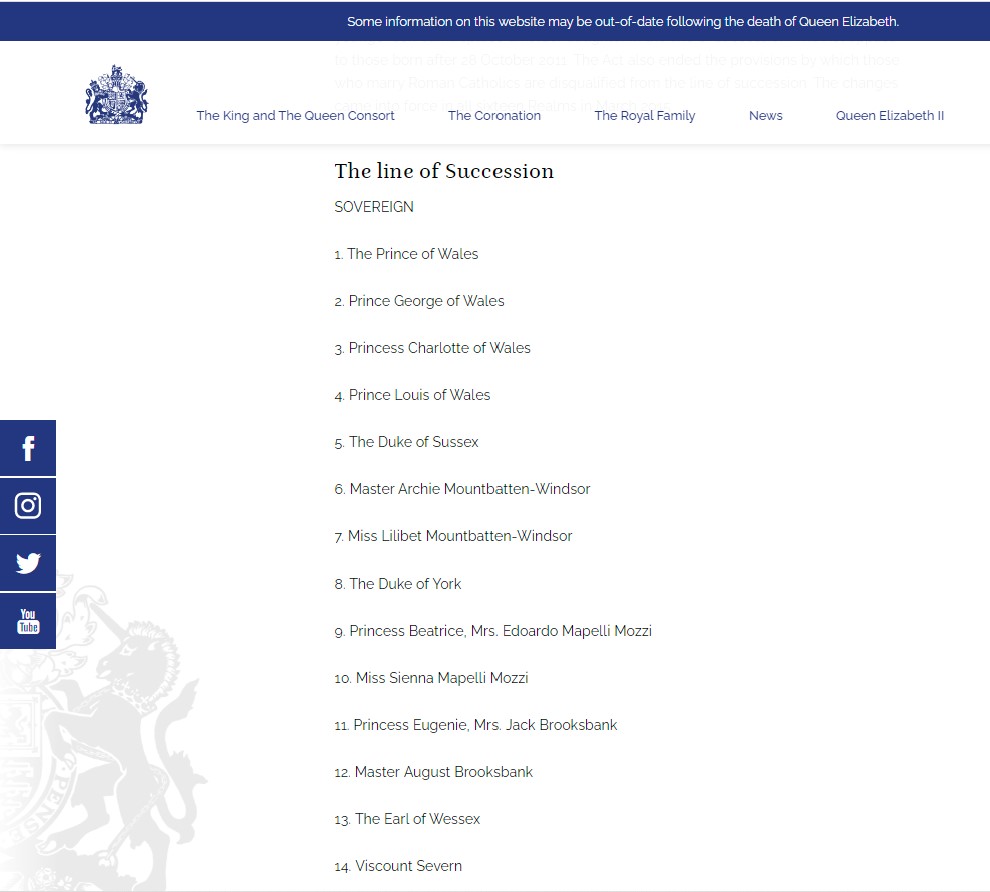 The line of succession on the royal website with Lili and Archie listed as Miss and Master 