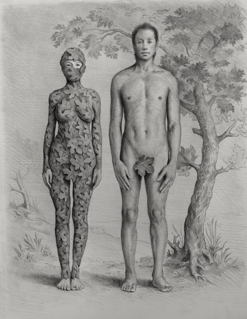 Woman covered with just her eyes showing and a man standing next to her naked
