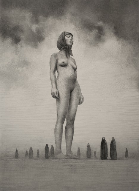 Large woman standing and looking ahead, without any clothes on 