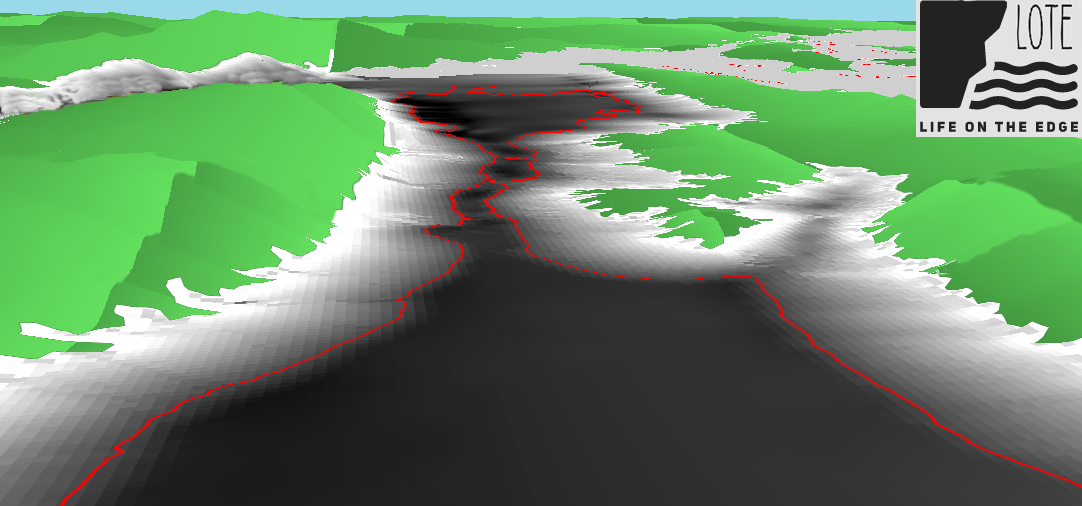 3D image of the coastline of Croatia with the 14,000-year-old coastline in red