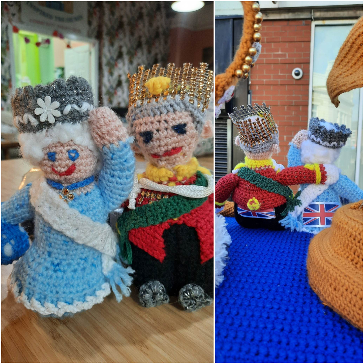 Crocheted woman waving and man with his hand on her back