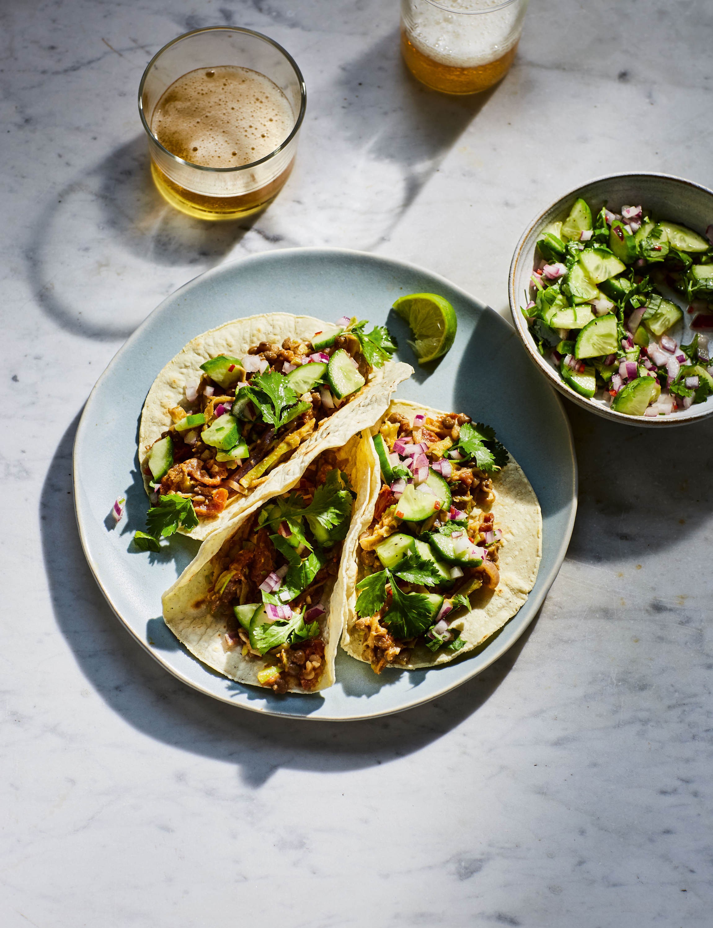Smoky lentil and broccoli stem tacos